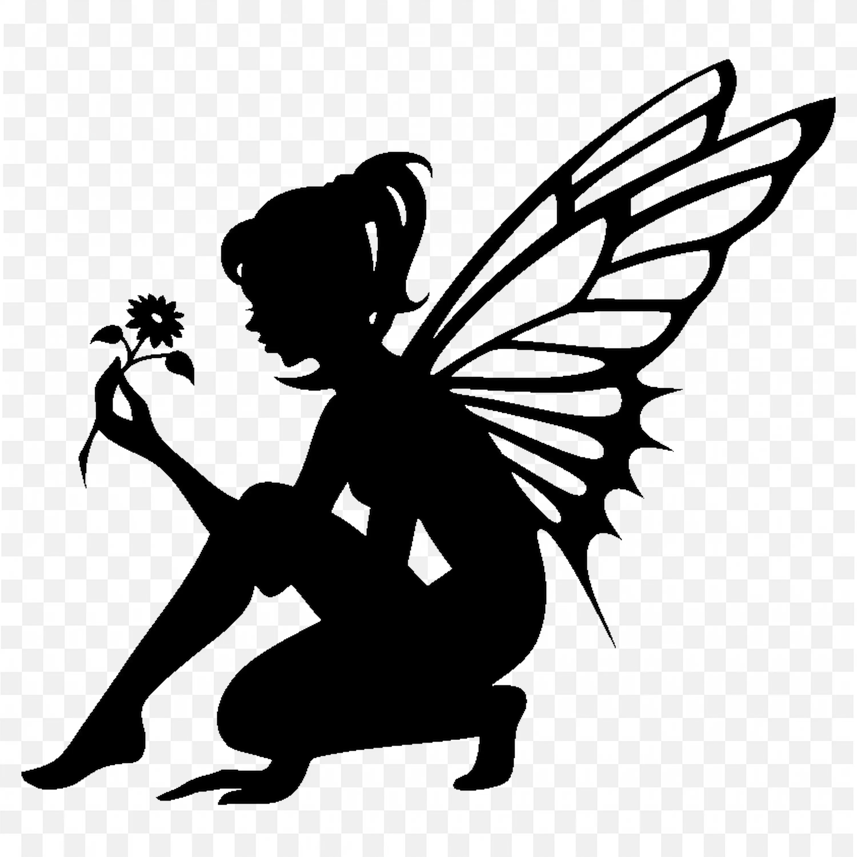 Shadow Image of Fairy Sitting Holding a Flower in Hand PNG