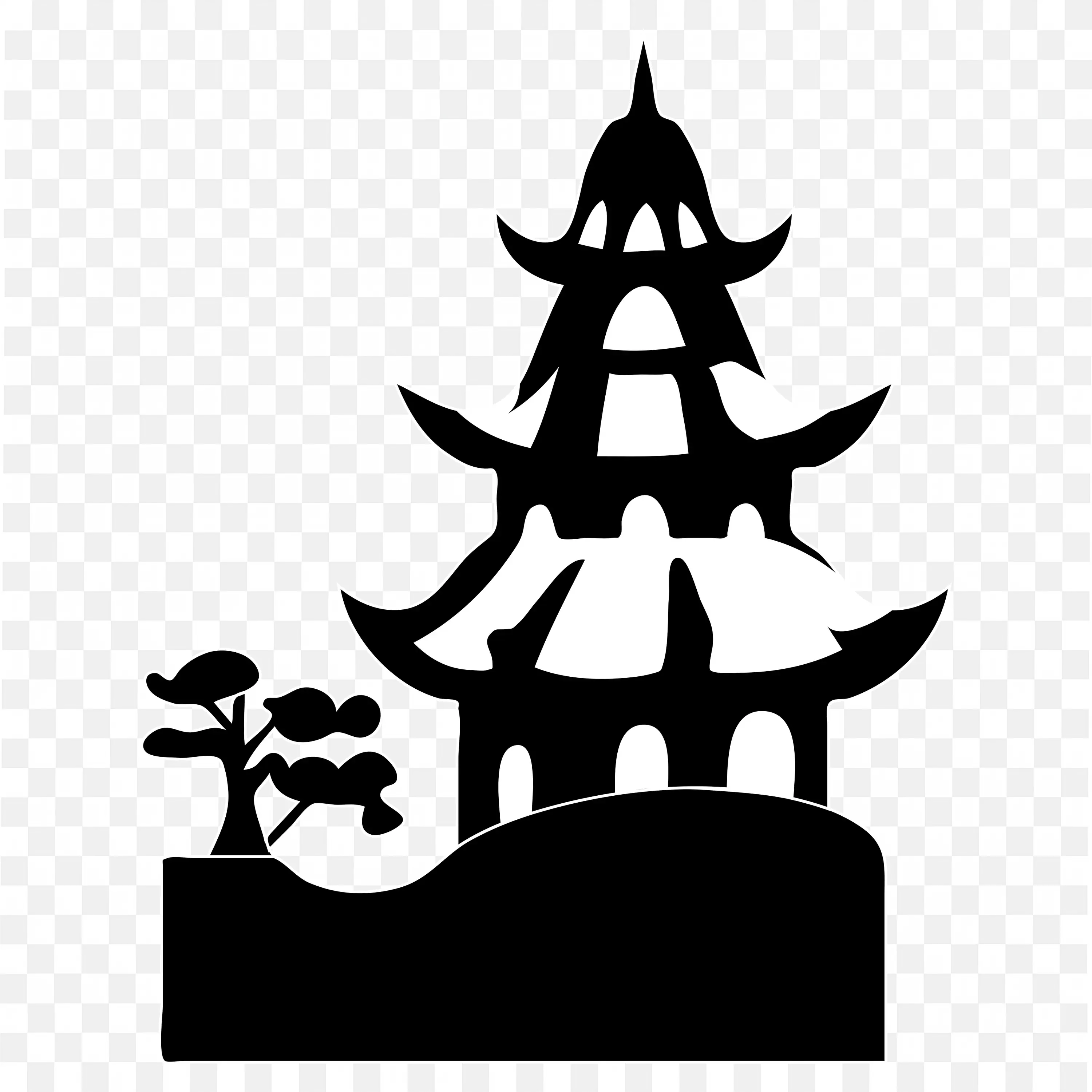 Shadow Image of Traditional Asian Pagoda with Bonsai Tree