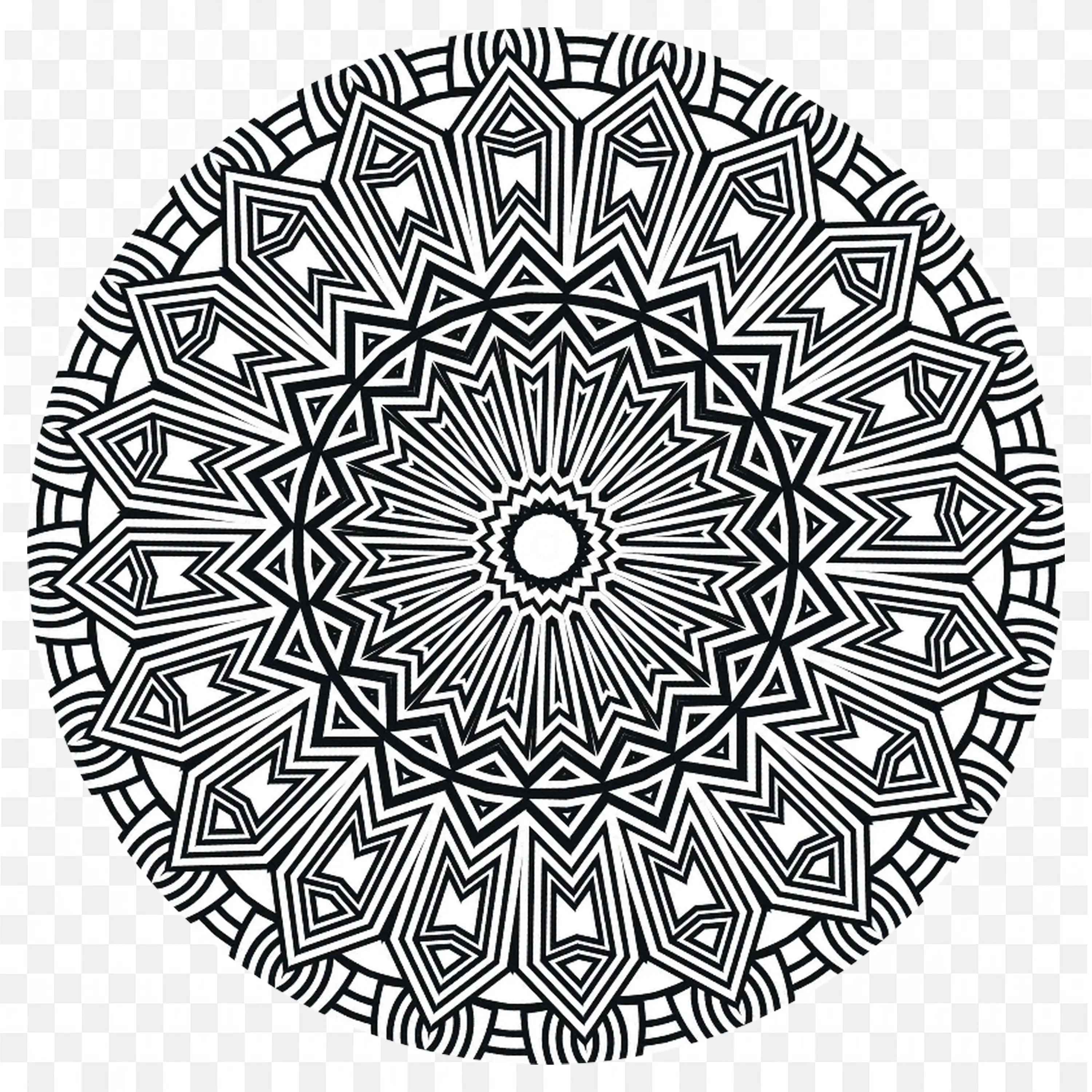 Sharp Black and White Geometric Mandala Design PNG Image