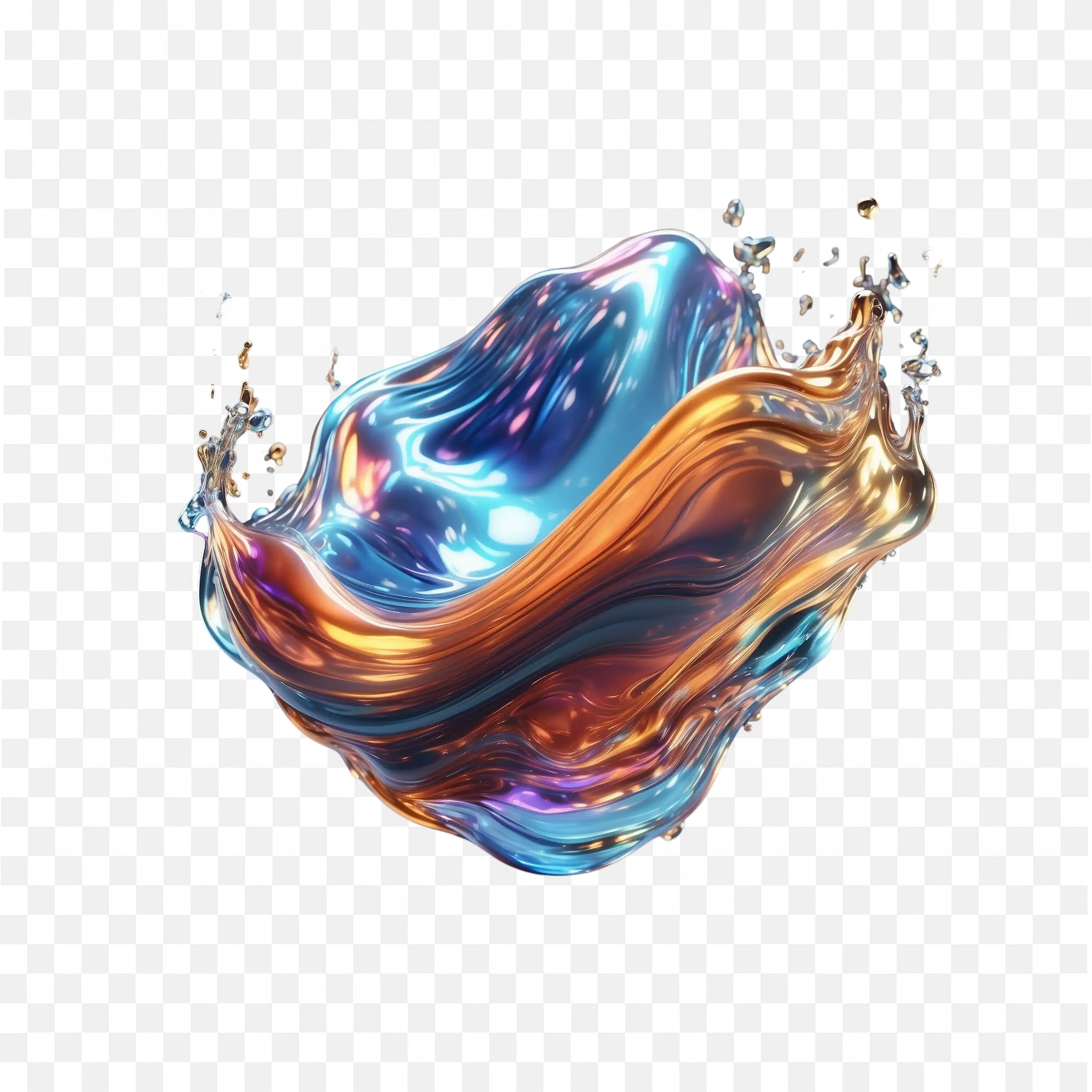Shiny Metallic Liquid with Blue and Copper Tones PNG
