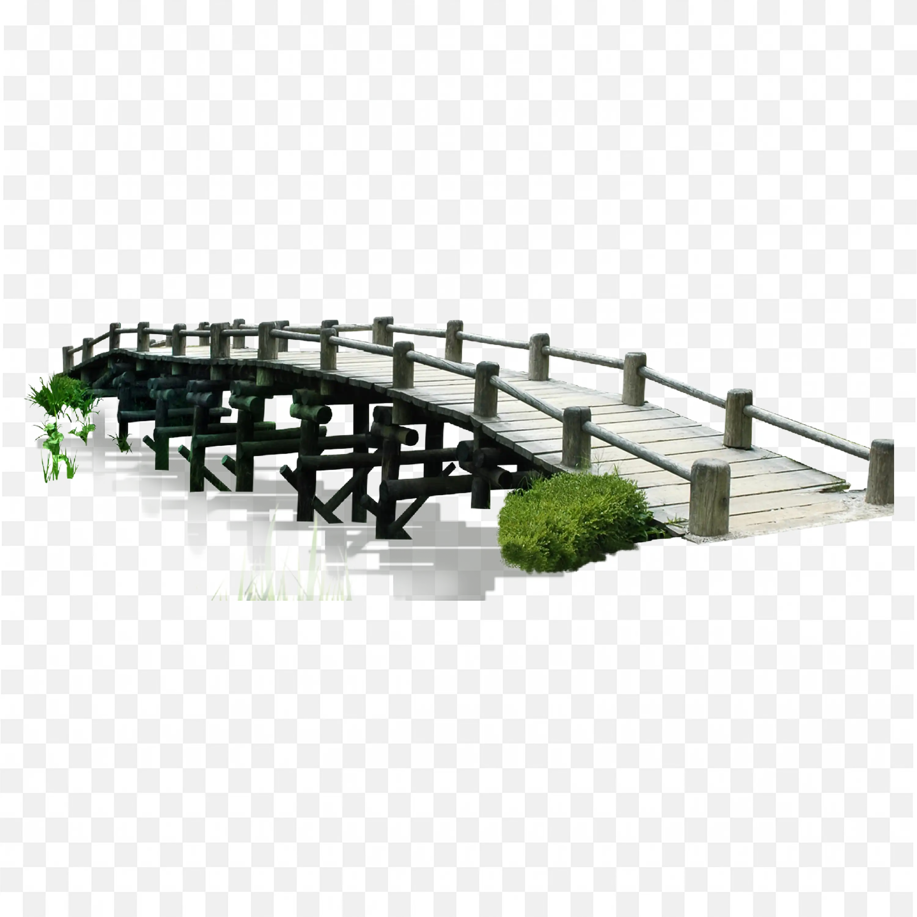 Side View of Wooden Bridge Over Water with Plants PNG Image