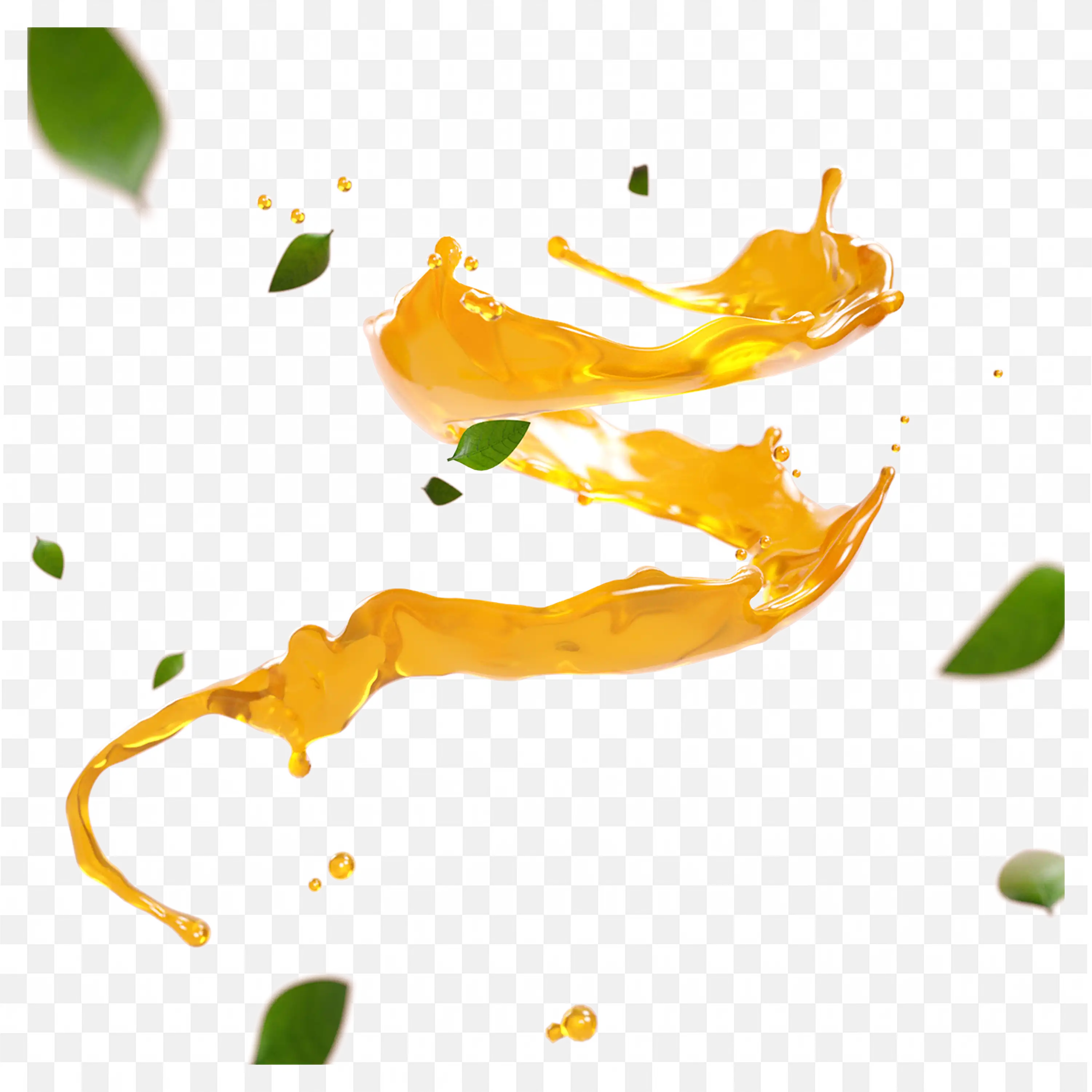 Splash of Orange Juice with Green Leaves on Black Backgound