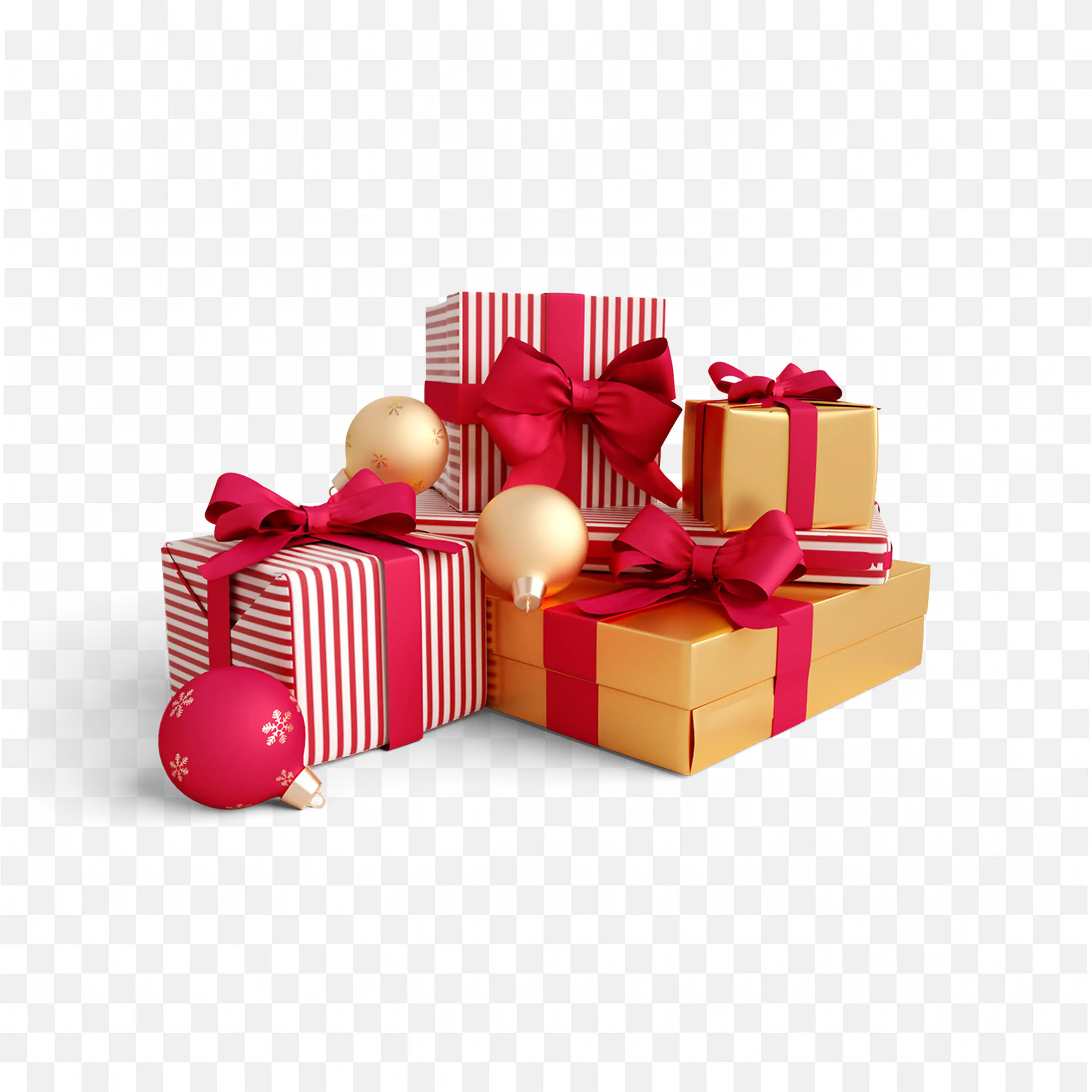 Stack of Colourful Gift Boxes with Red Ribbons and Balls