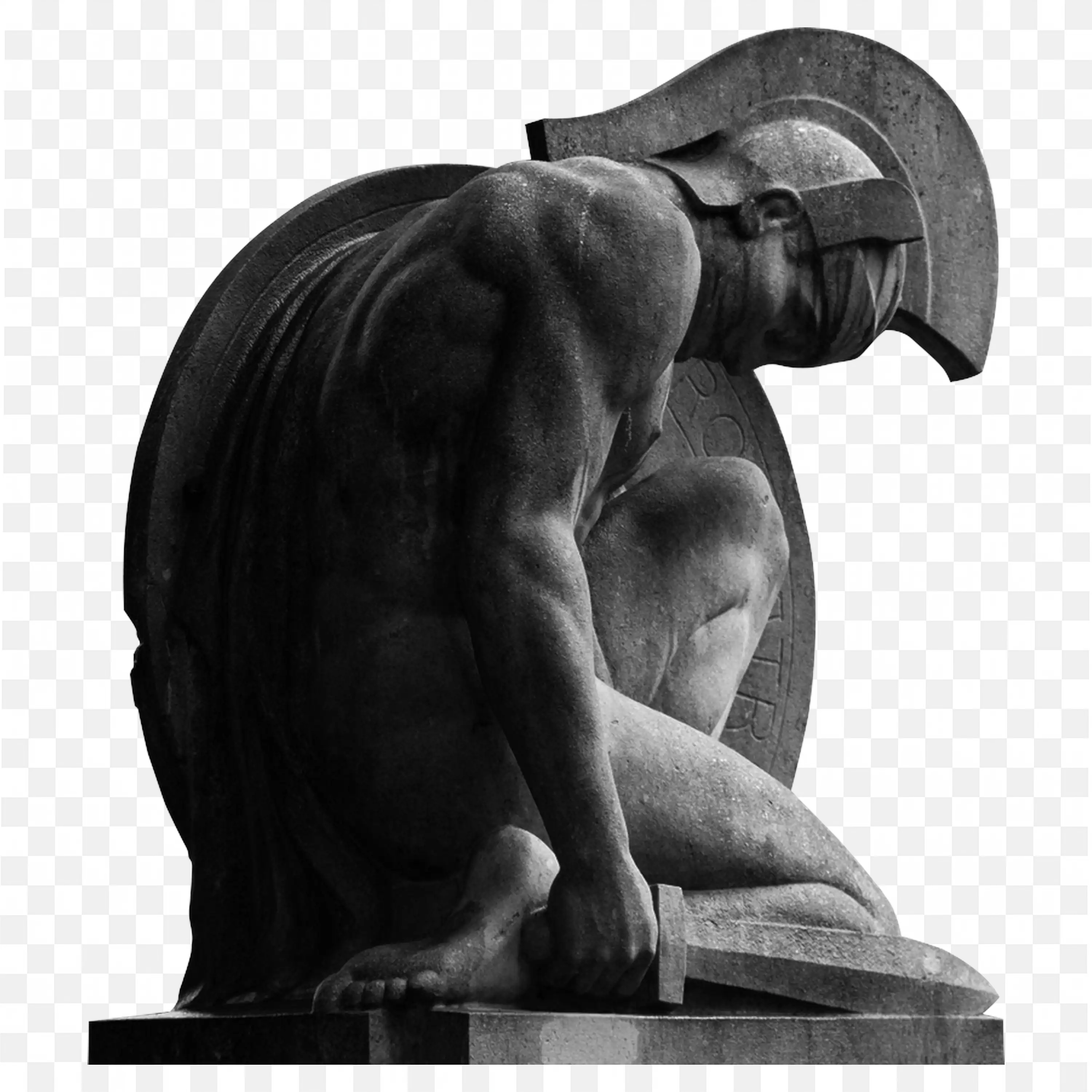 Statue of Kneeling Warrior with Greek Style Helmet Free PNG