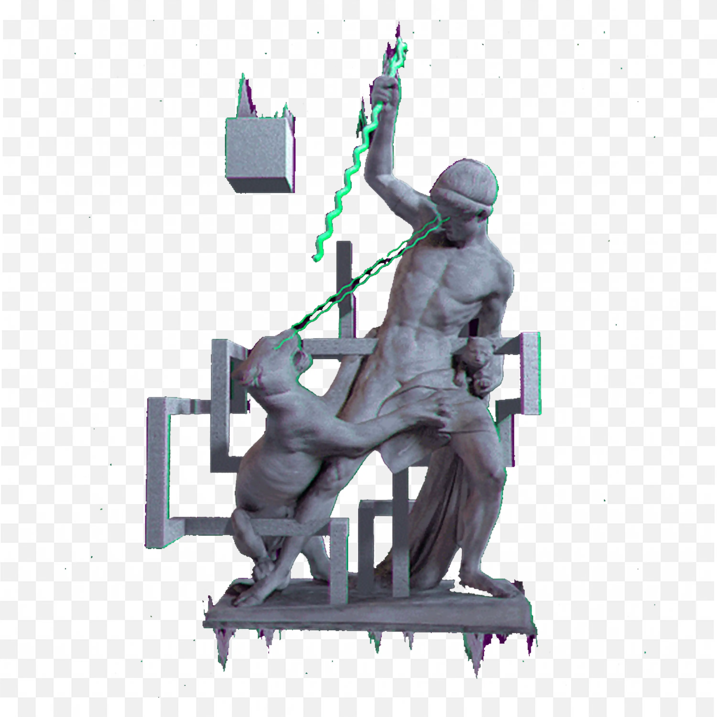 Statue of a Man Fighting with Dog with Green Laser Eyes