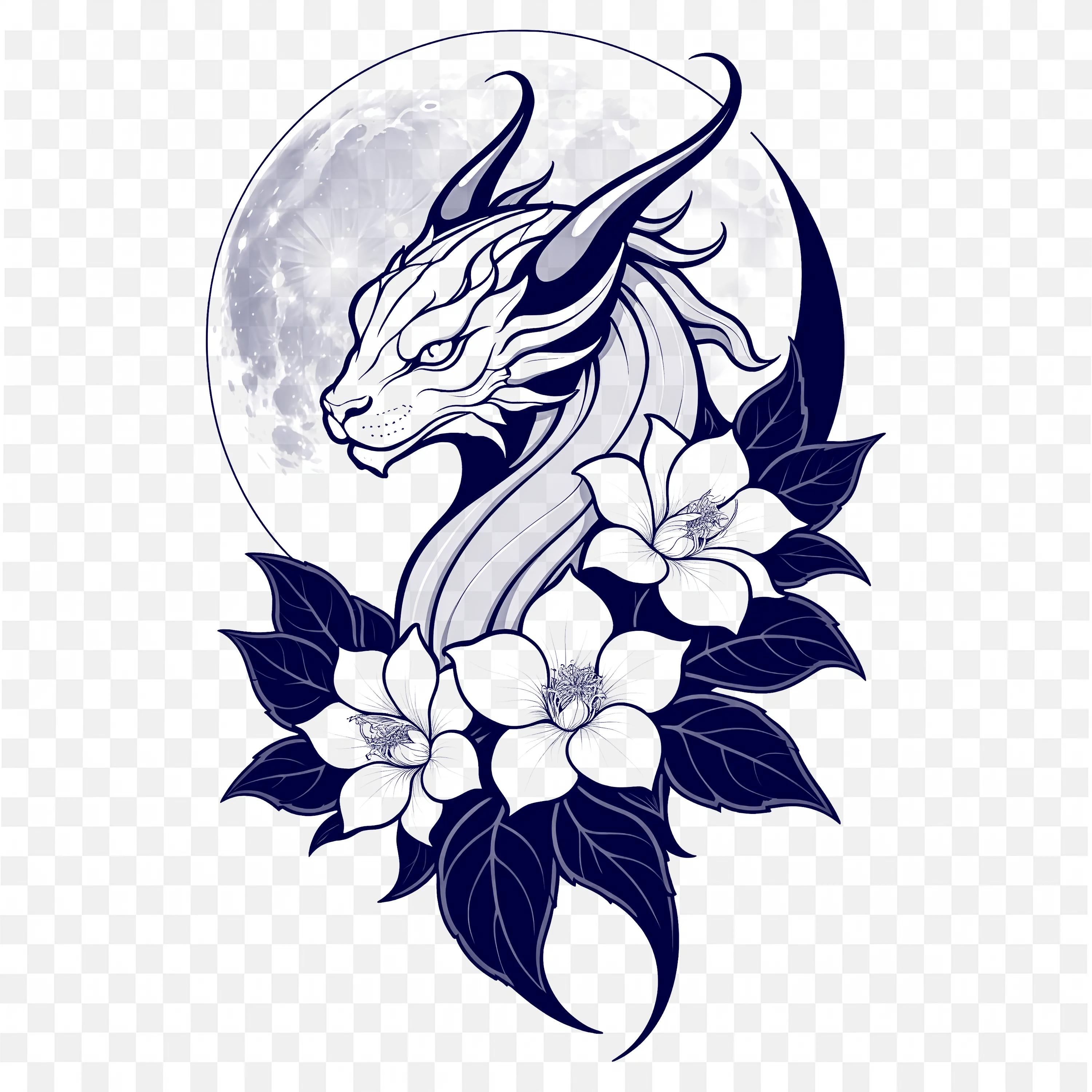 Stylish Dragon Artwork with Moon and Floral Decorations