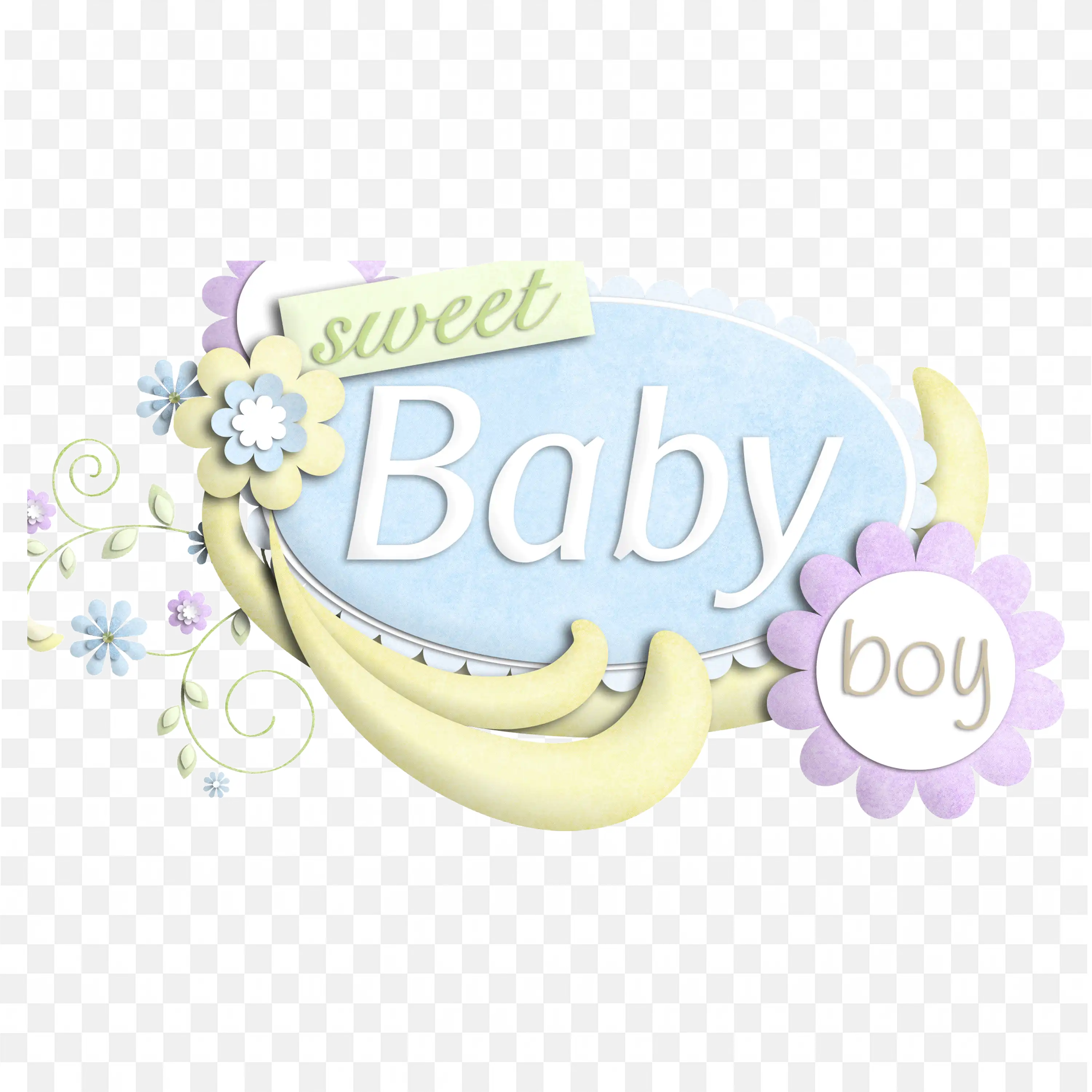 Sweet Baby Boy Text with Moon and Floral Decoration PNG