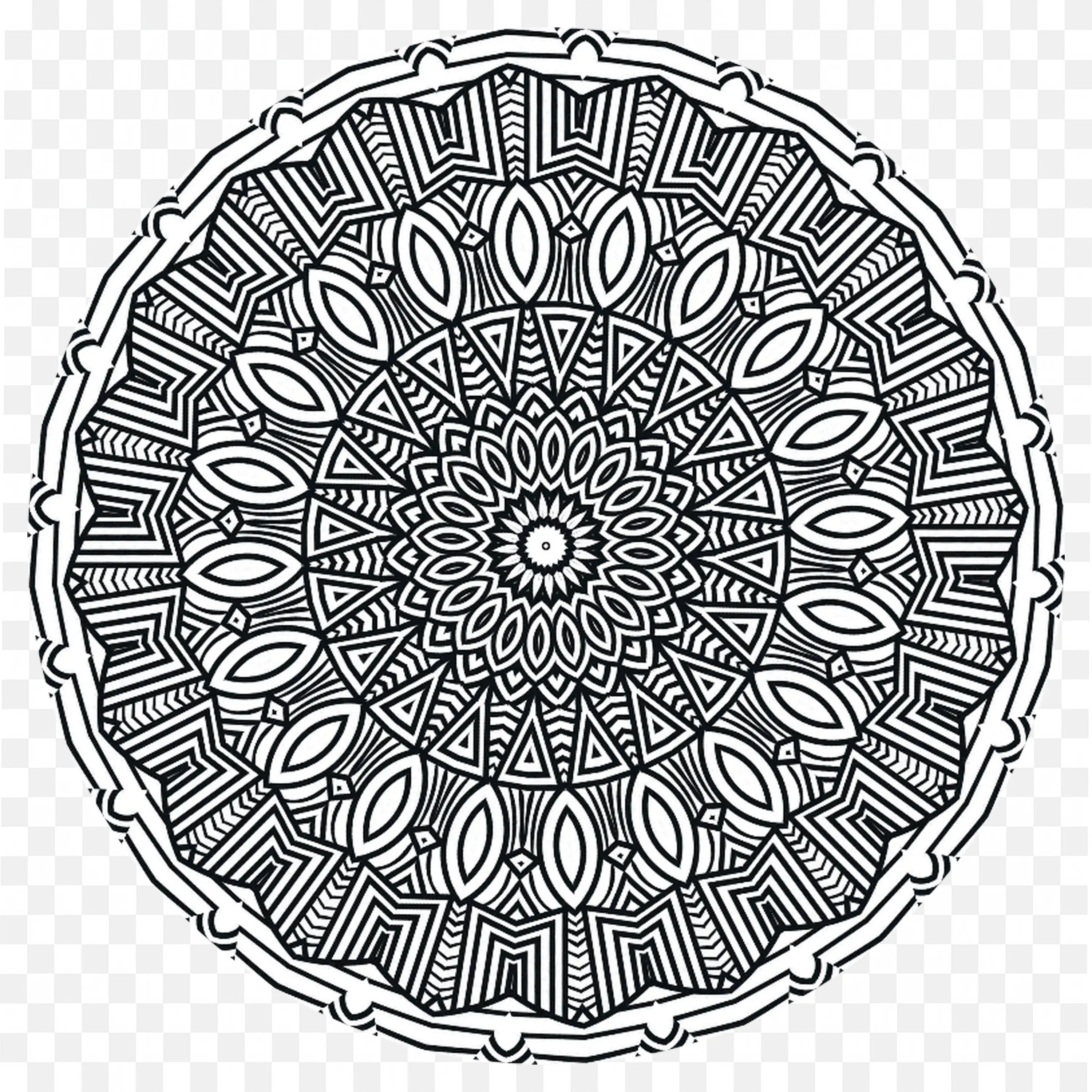 Symmetrical Black Line Mandala with Geometric Pattern PNG