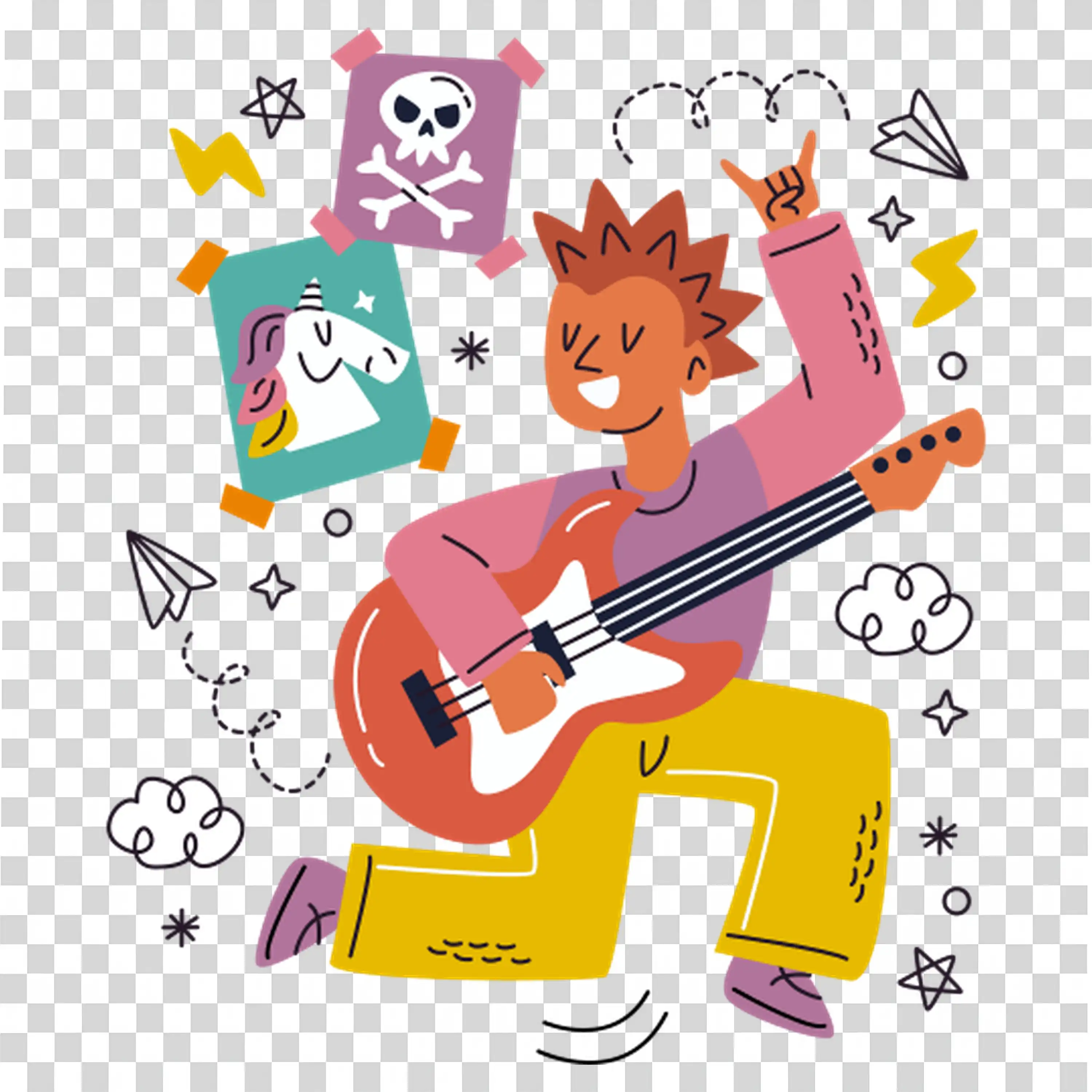 Teen Boy Playing Guitar in Room Surrounded by Music Posters