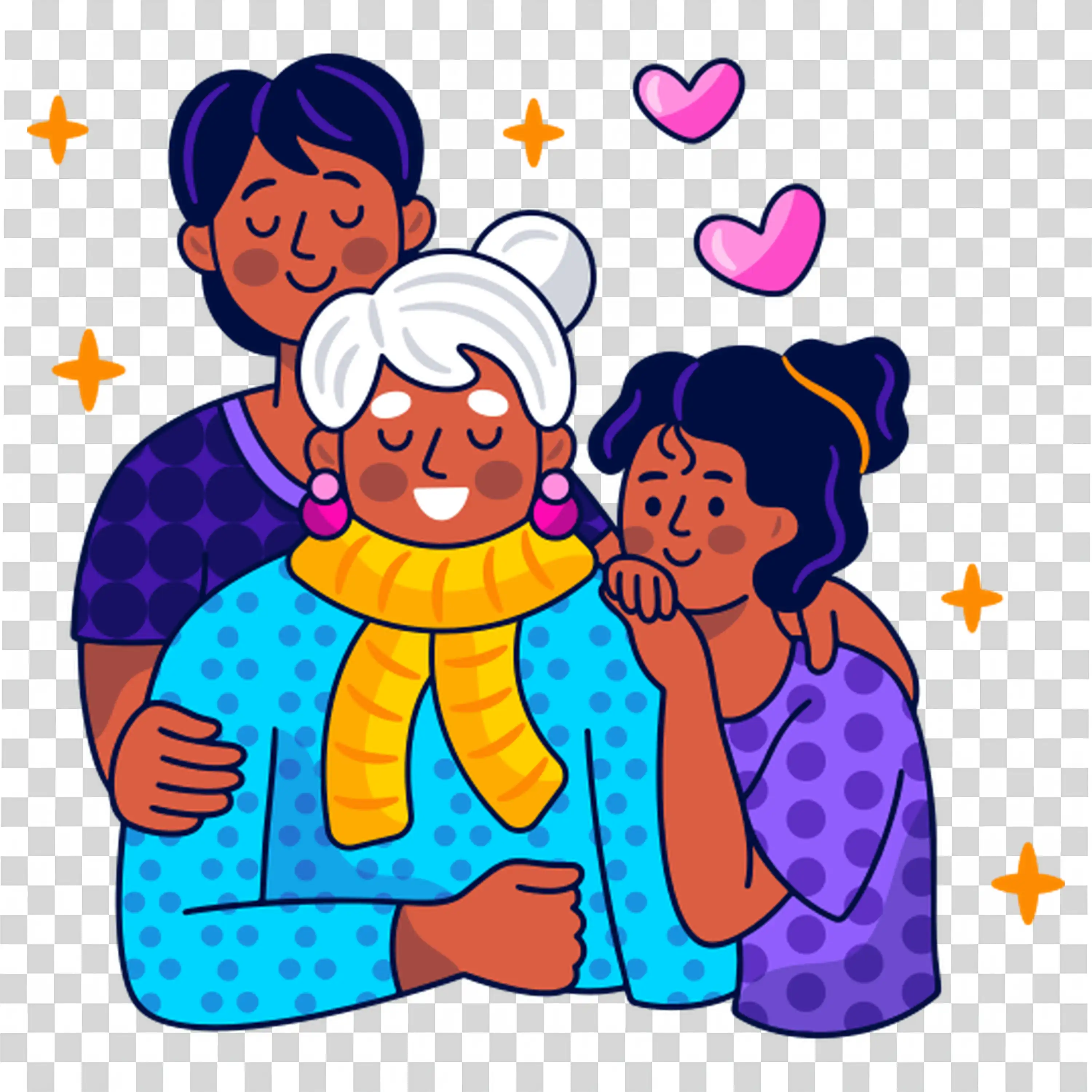 Three characters expressing affection with hearts around