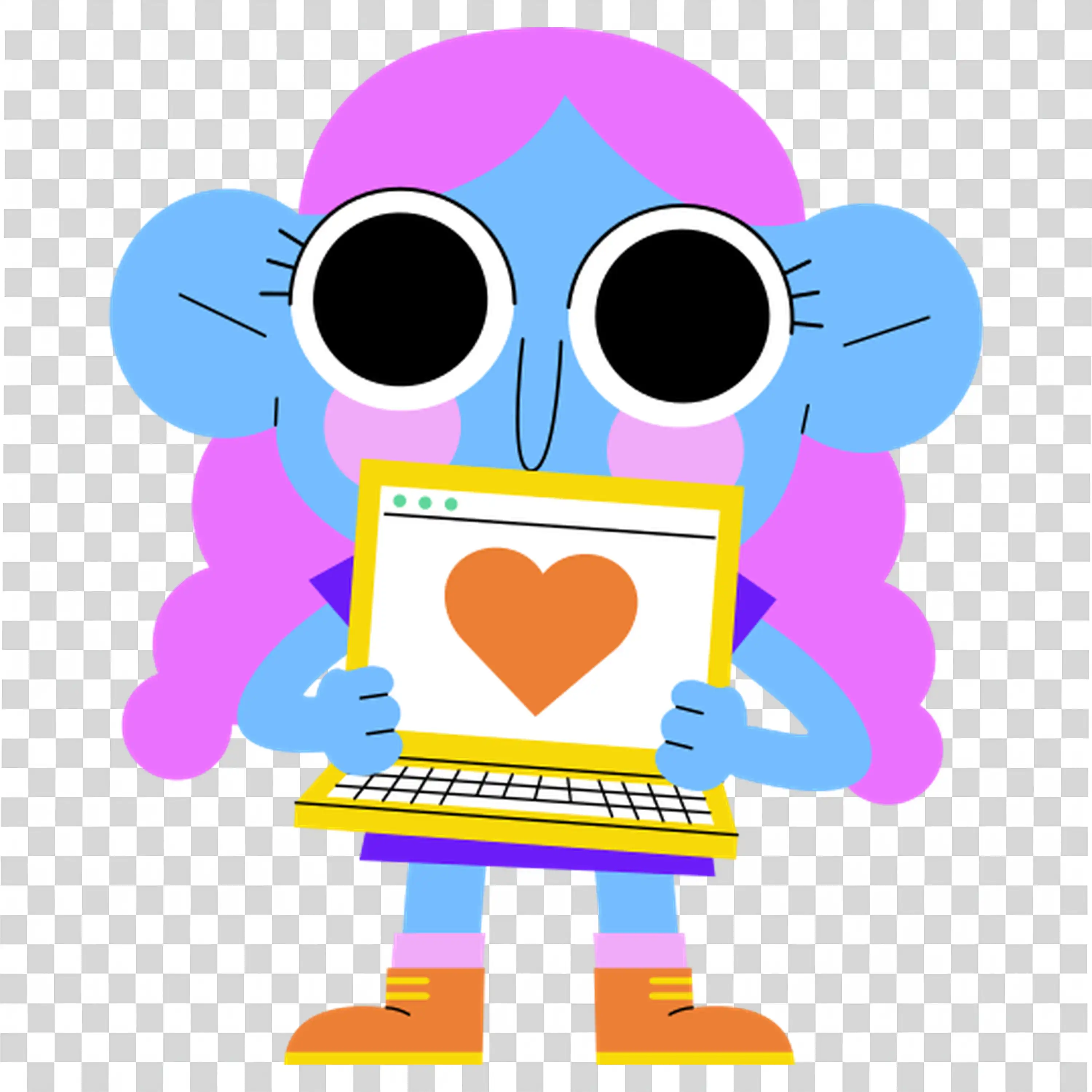 Two Big Eyed Figures Holding Hearts in Colorful Setting