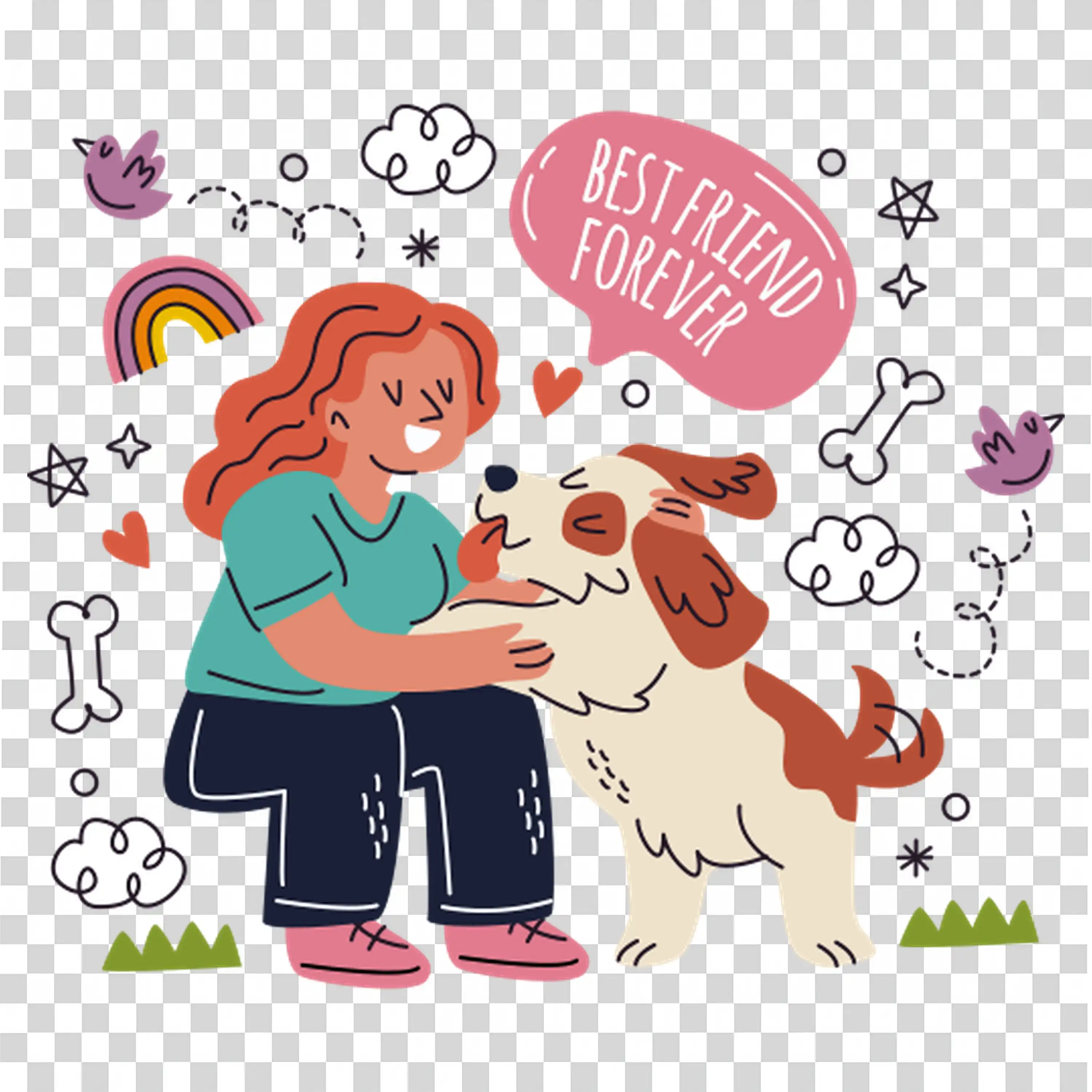 Two Girls Playing with Pets Surrounded by Doodles PNG