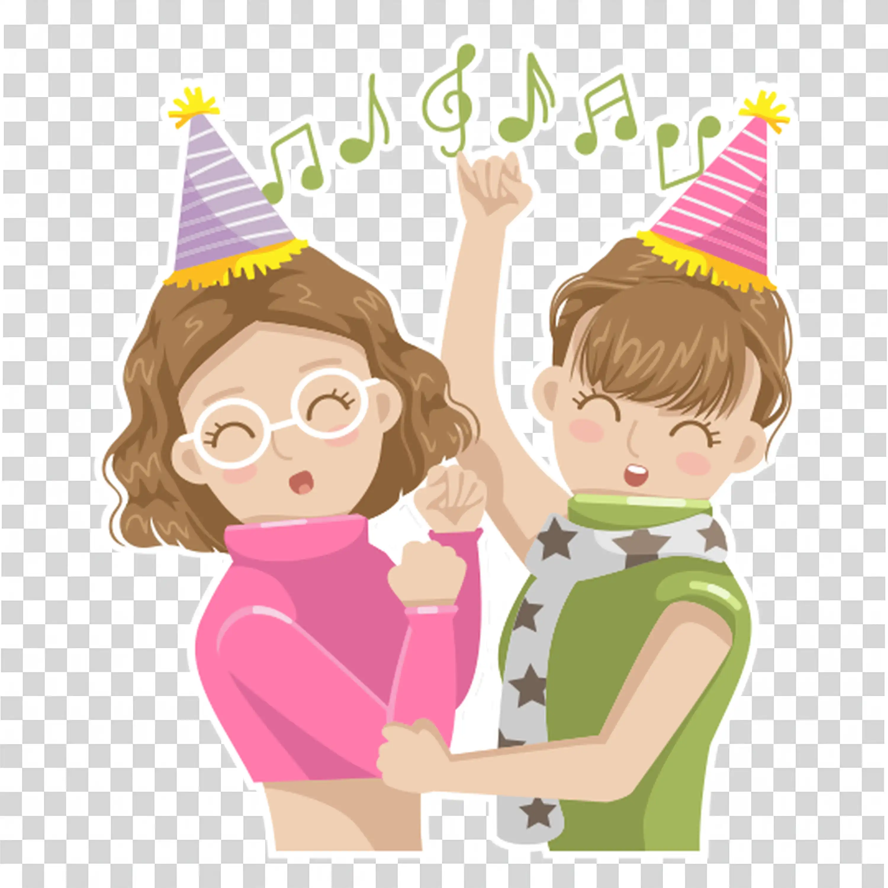 Two Women Singing Joyfully With Music Notes Around