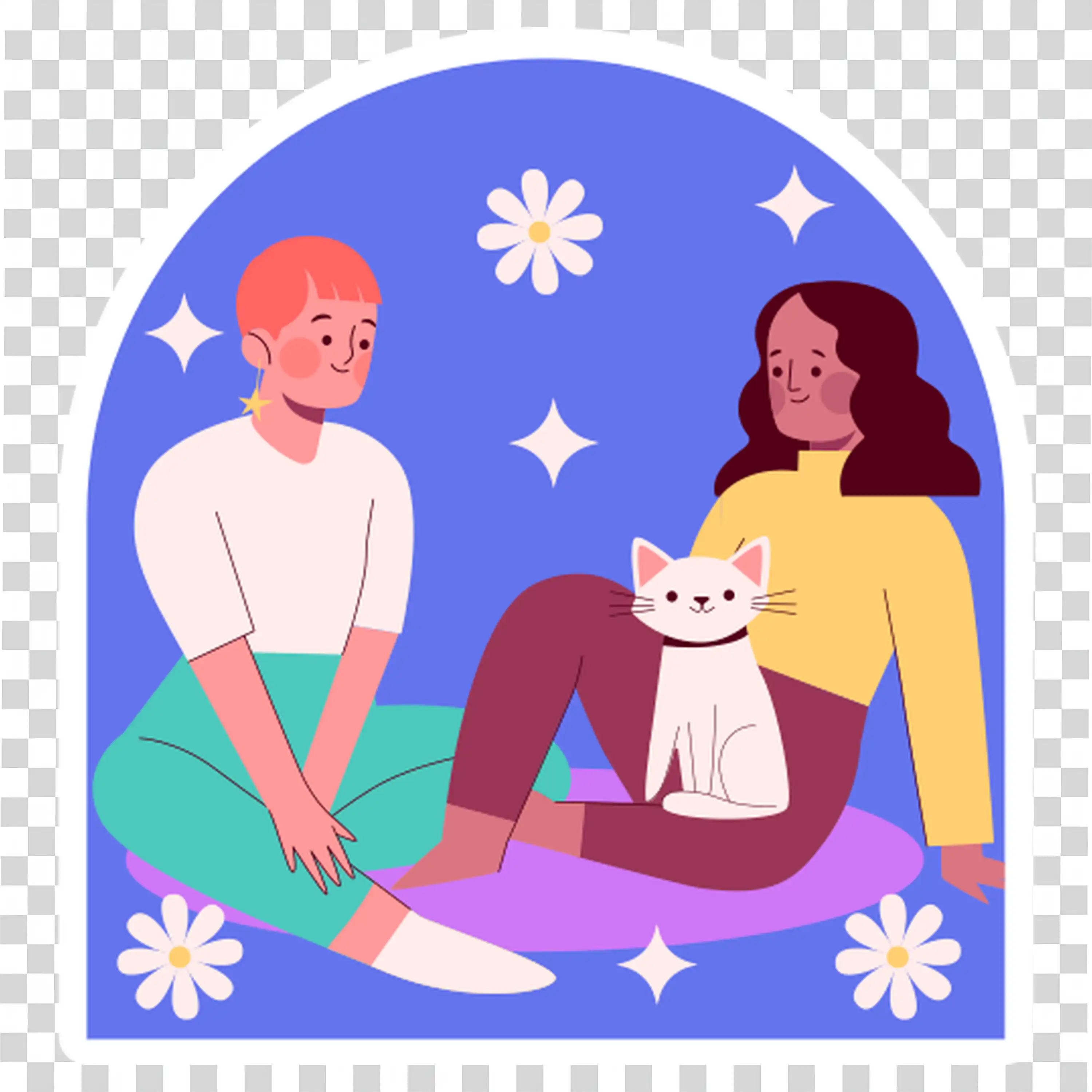 Two women sitting and chatting in a calm garden PNG