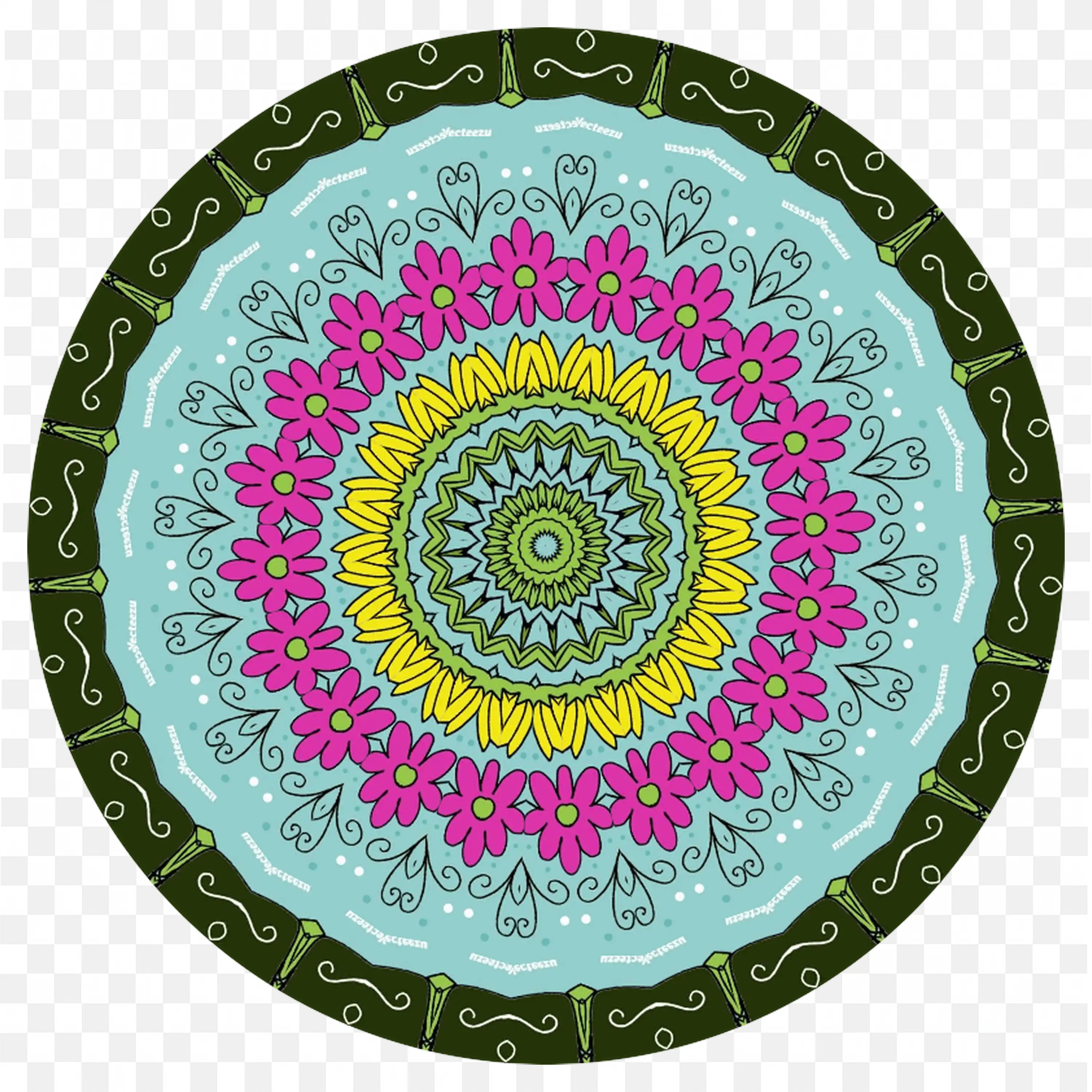 Vibrant Floral Mandala with Pink Yellow and Green Details