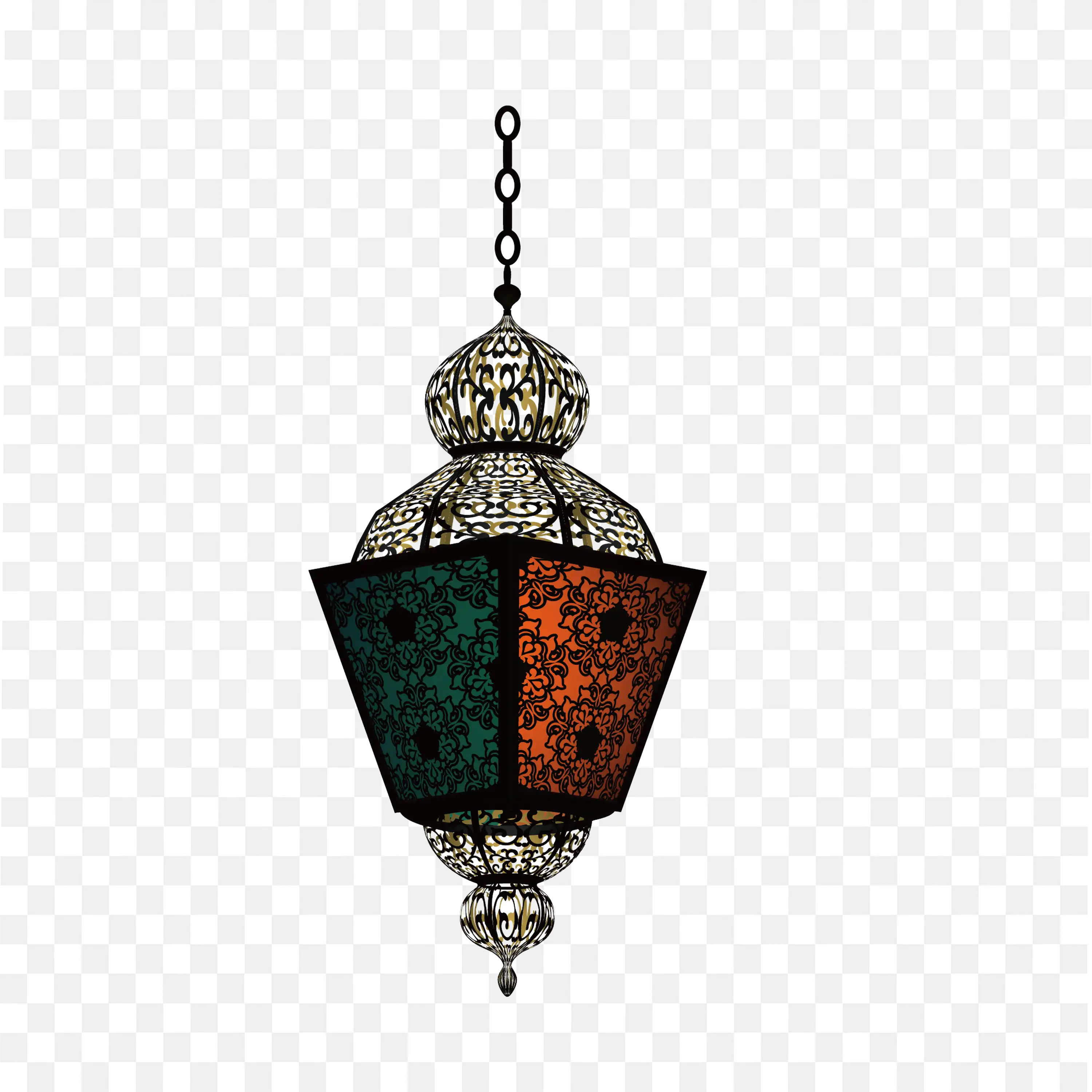 Vintage Lantern with Green and Orange Glowing Glass