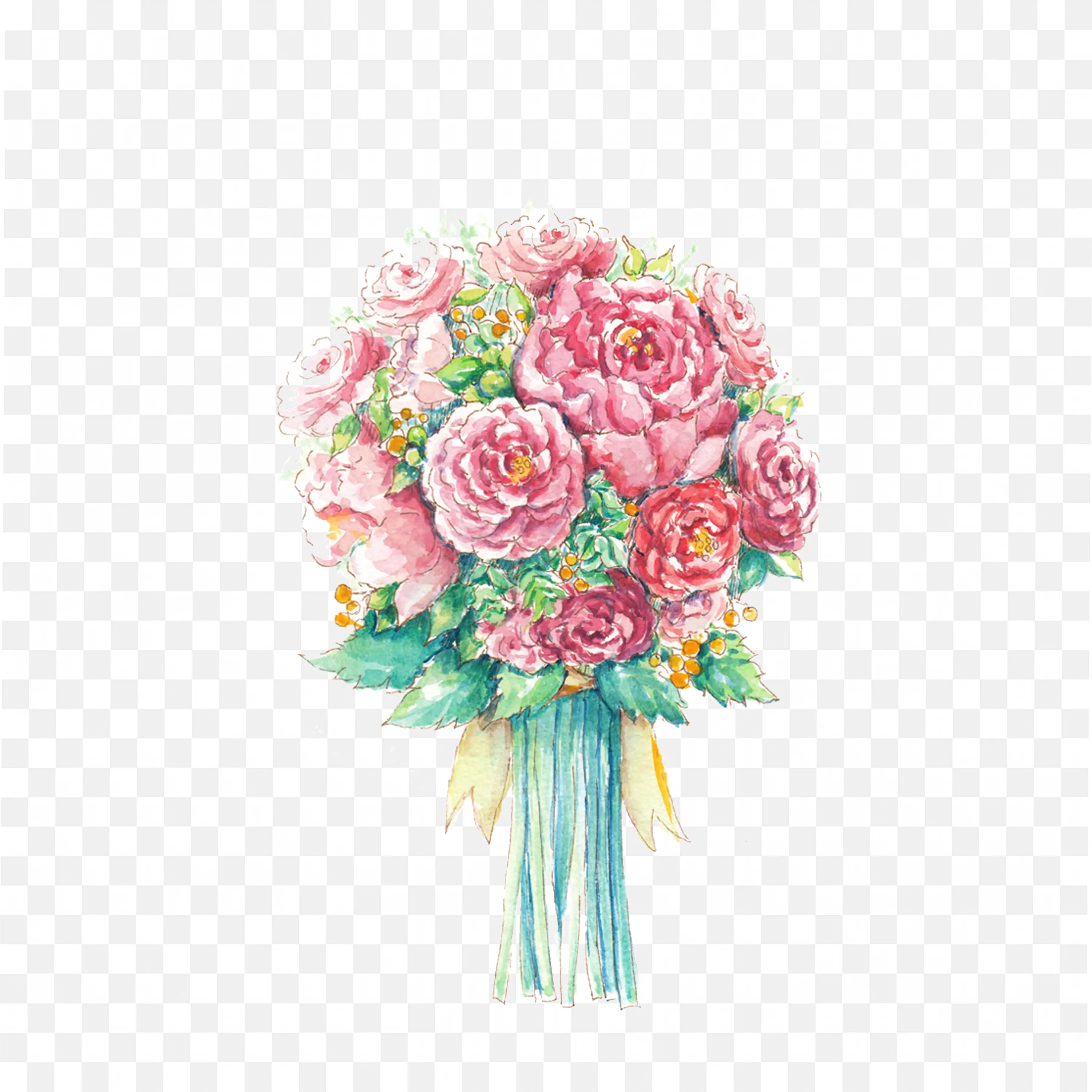 Watercolour Bouquet of Pink Roses on Black Background PNG