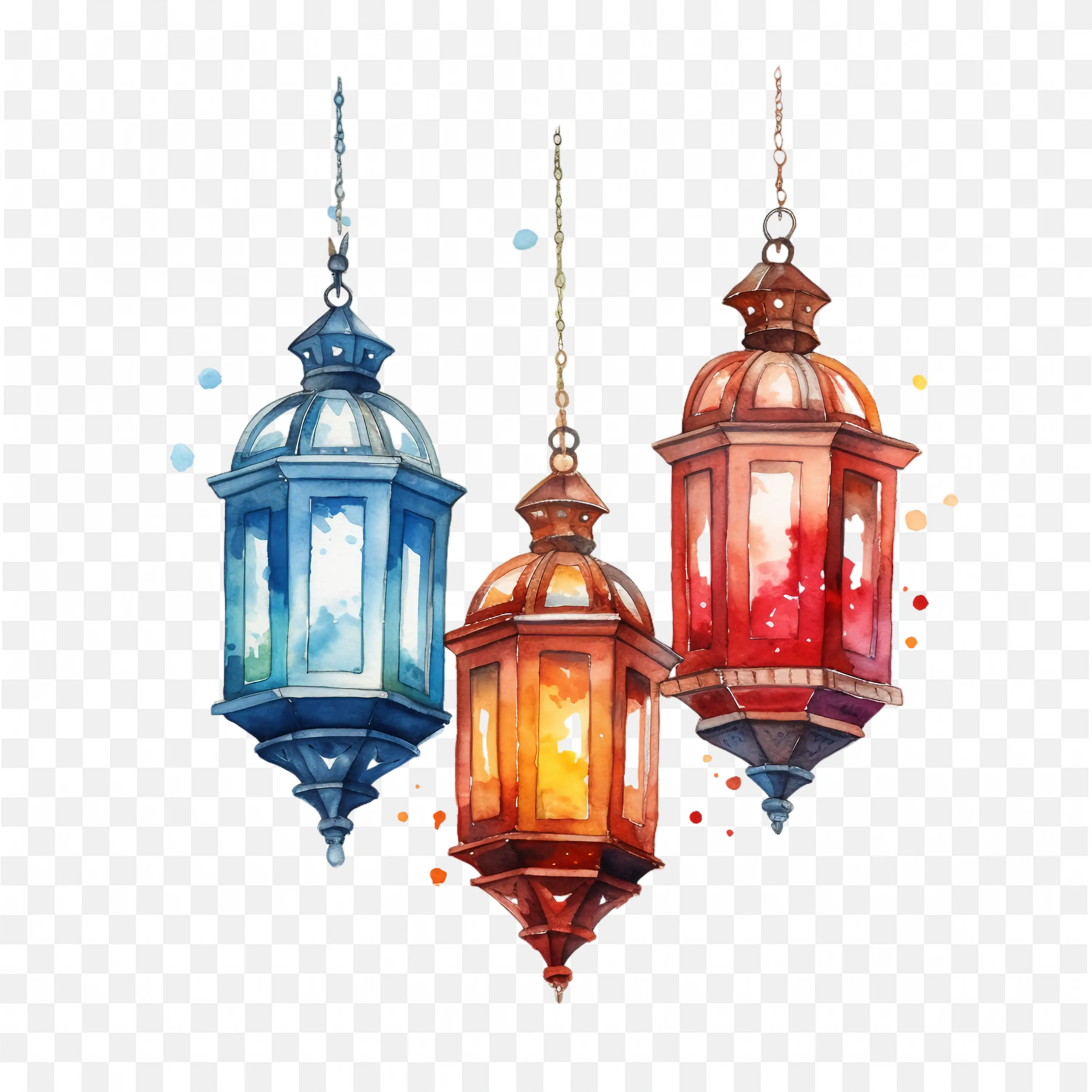 Watercolour Hanging Lanterns in Red Blue and Orange PNG