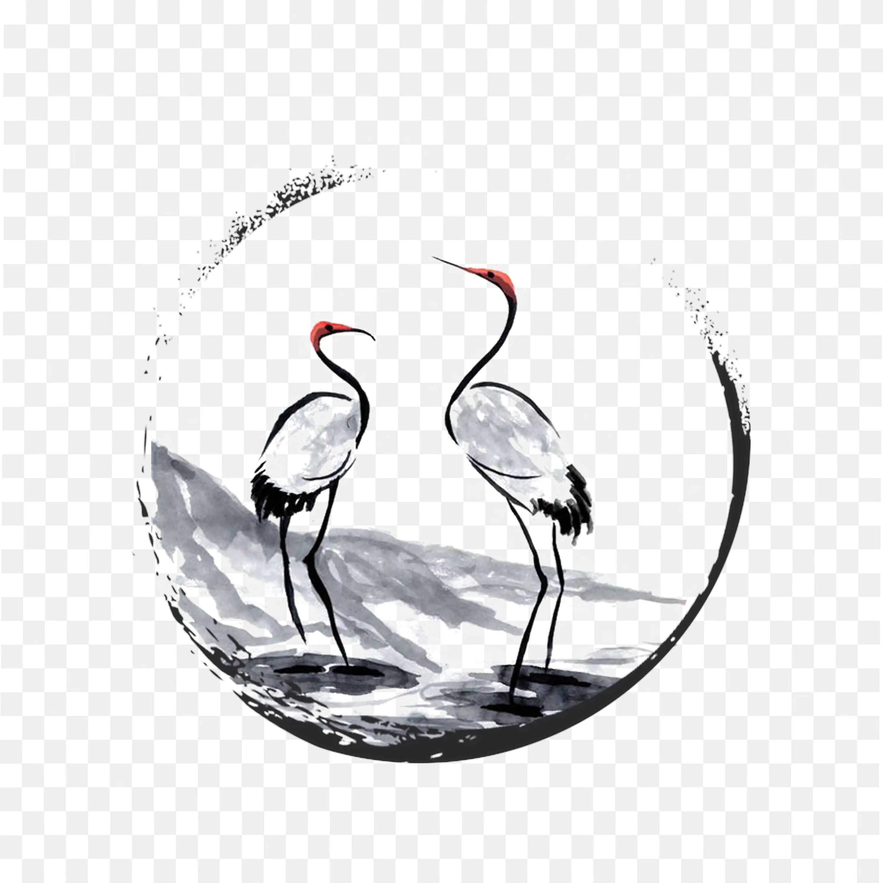 Watercolour Painting of Two Cranes Standing in Water PNG