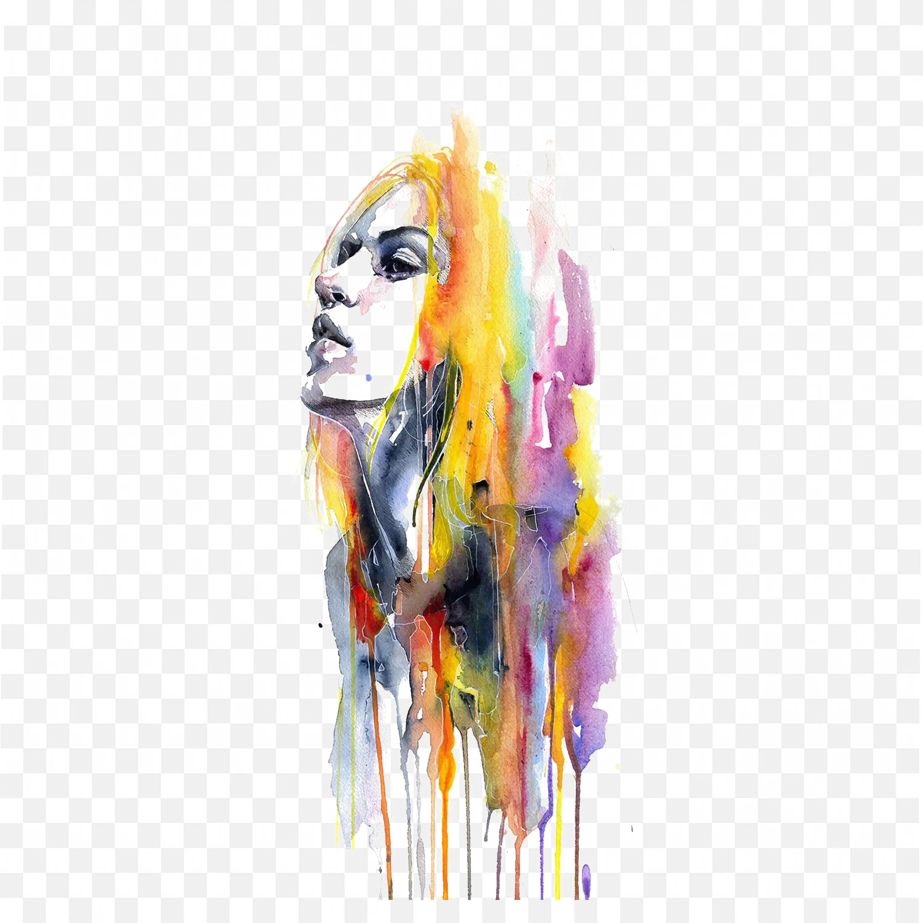 Watercolour Portrait of Woman with Vibrant Dripping Colours