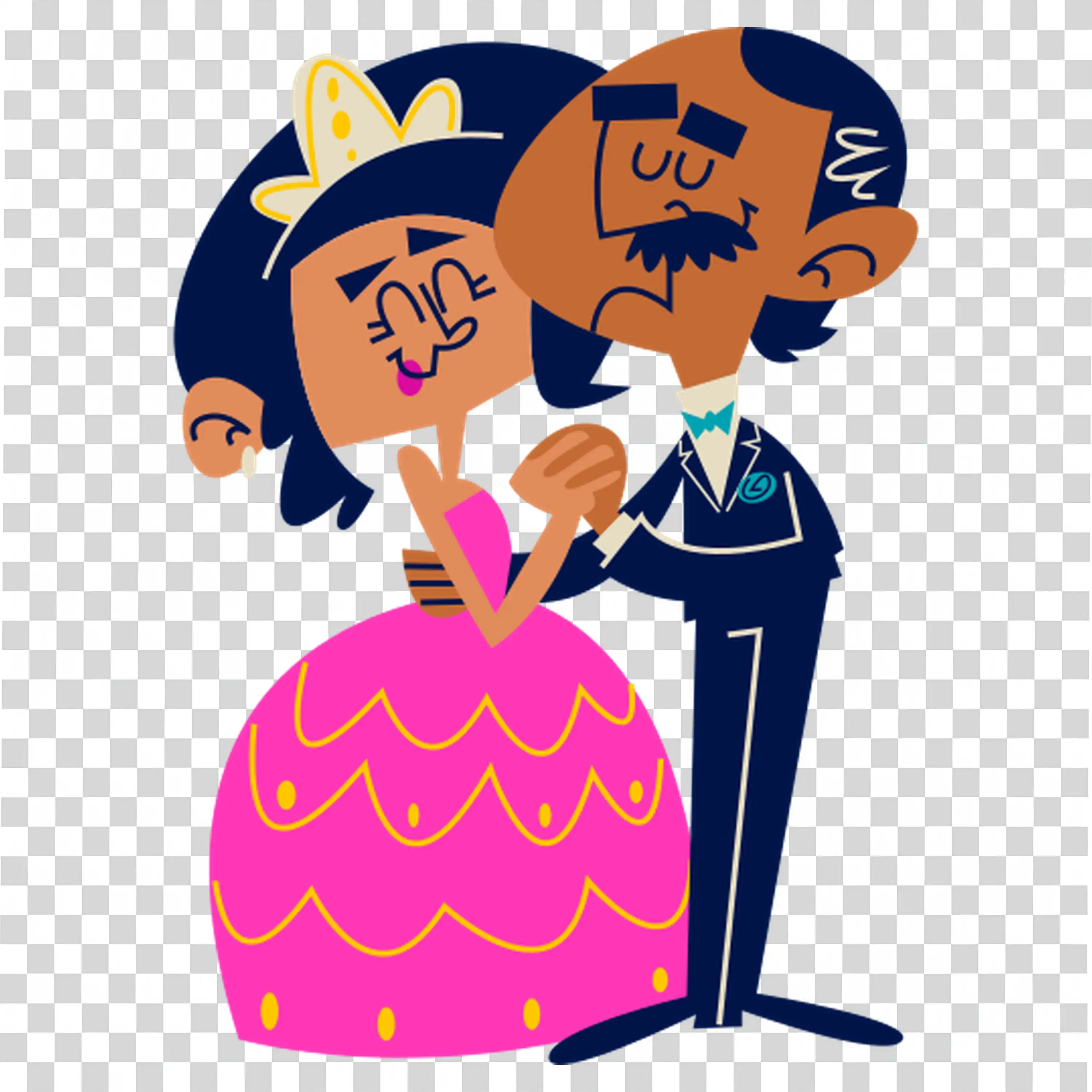 Wedding couple smiling and dancing in pink and black attire