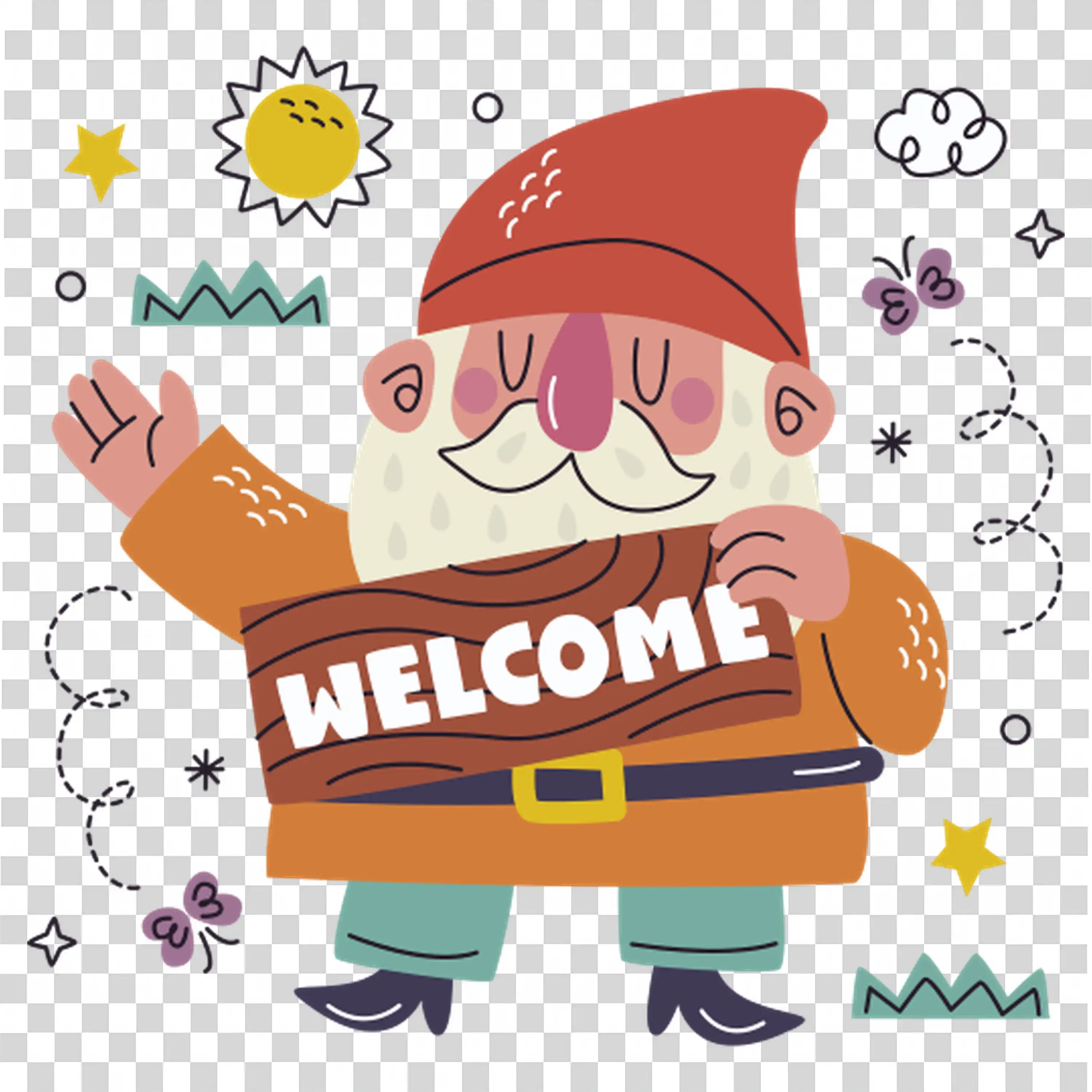 Welcome sign with smiling cartoon characters and balloons