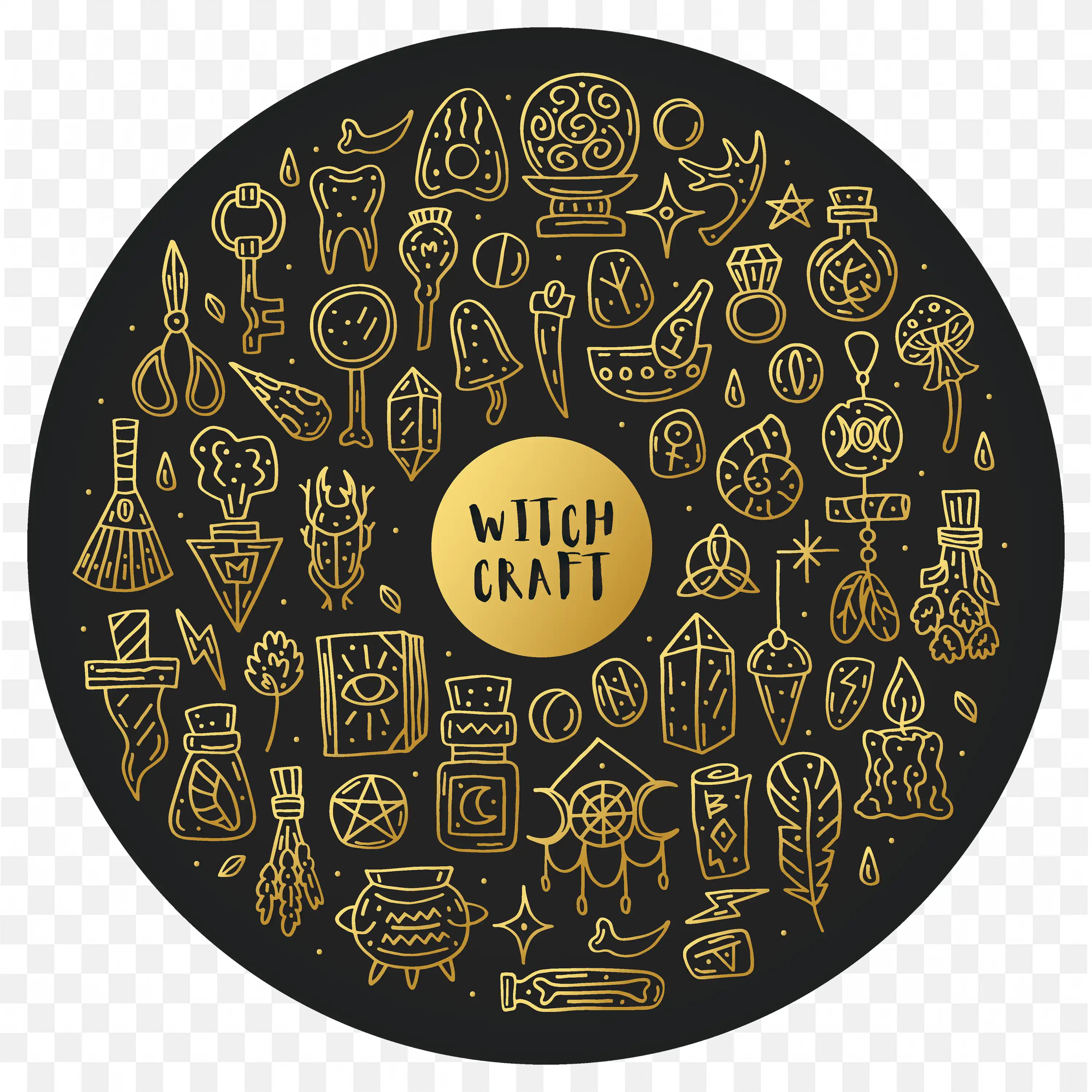 Witchcraft Icons in Gold Line on a Black Round Shape PNG