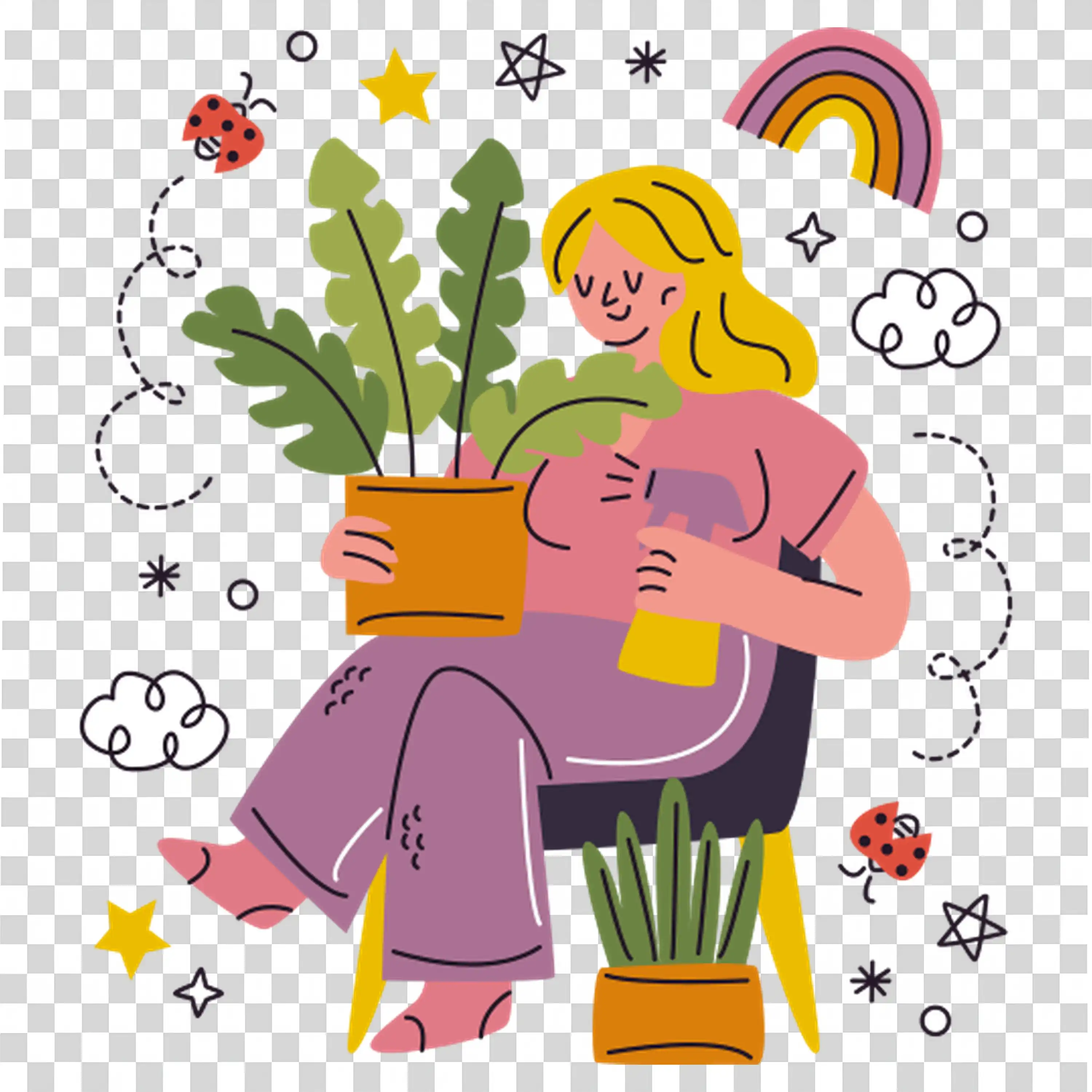 Woman arranging fresh flowers in colorful bouquet PNG