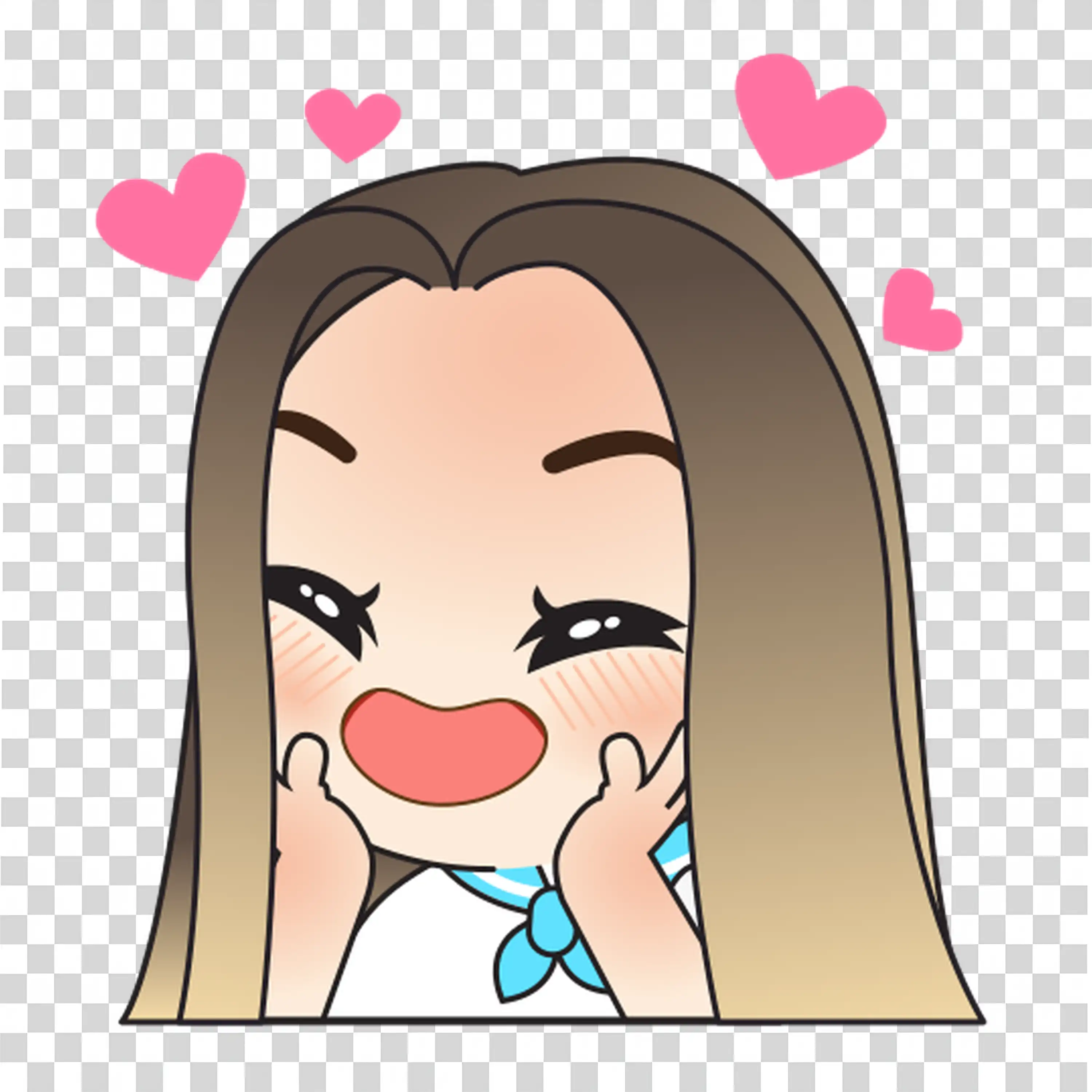 Woman blushing and smiling with pink hearts around her