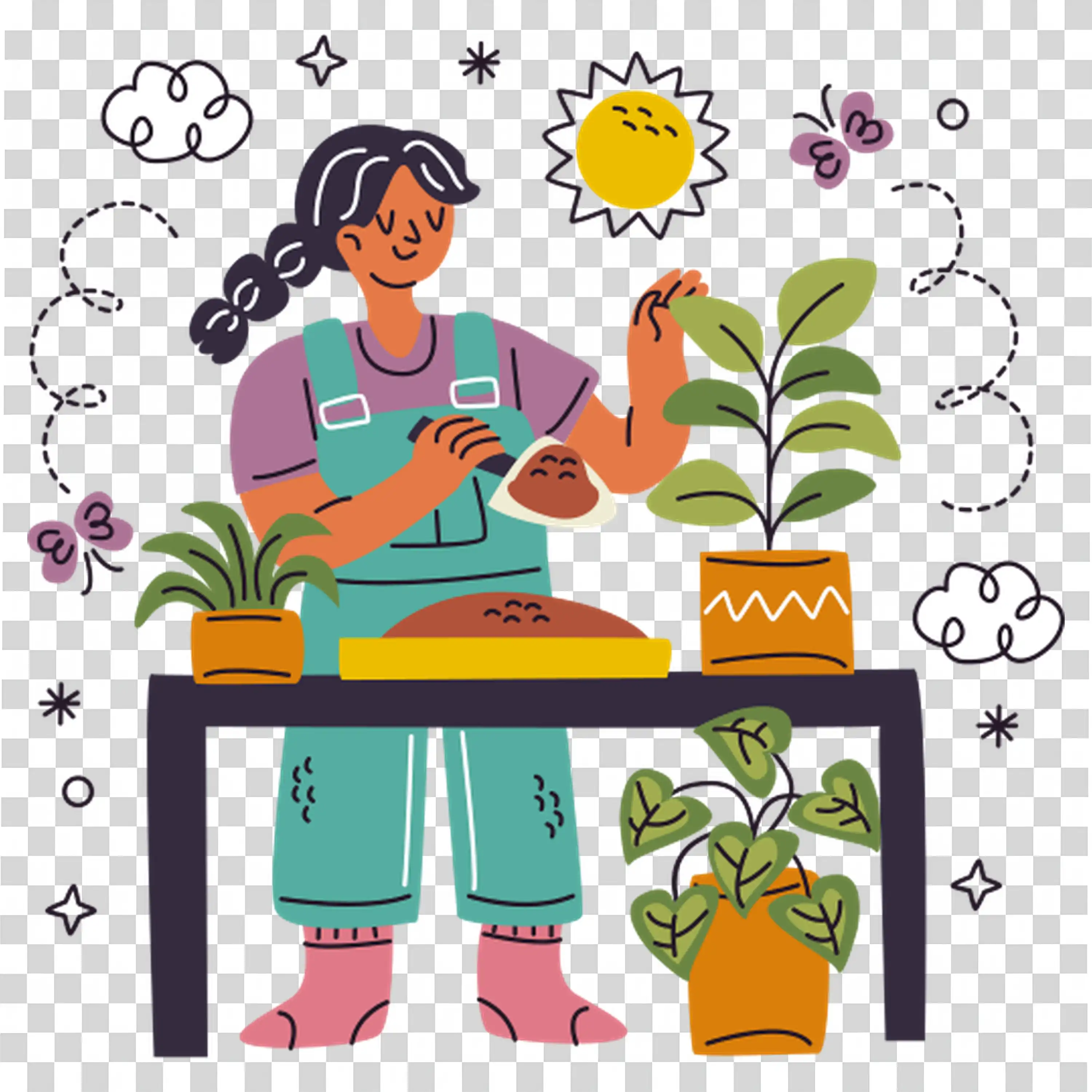 Woman caring for indoor plants in cozy home setting