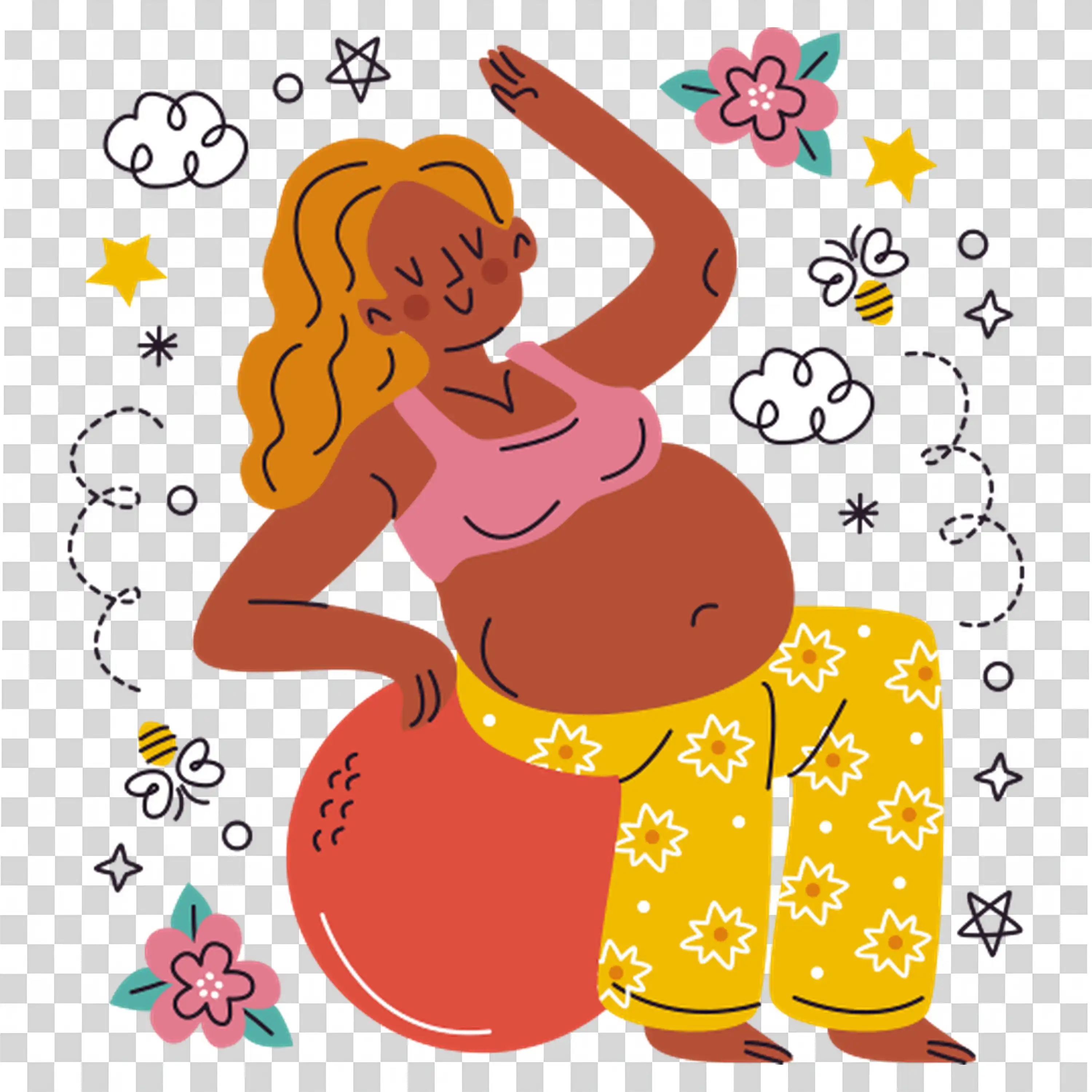 Woman Dancing Joyfully Surrounded by Stars and Sparkles