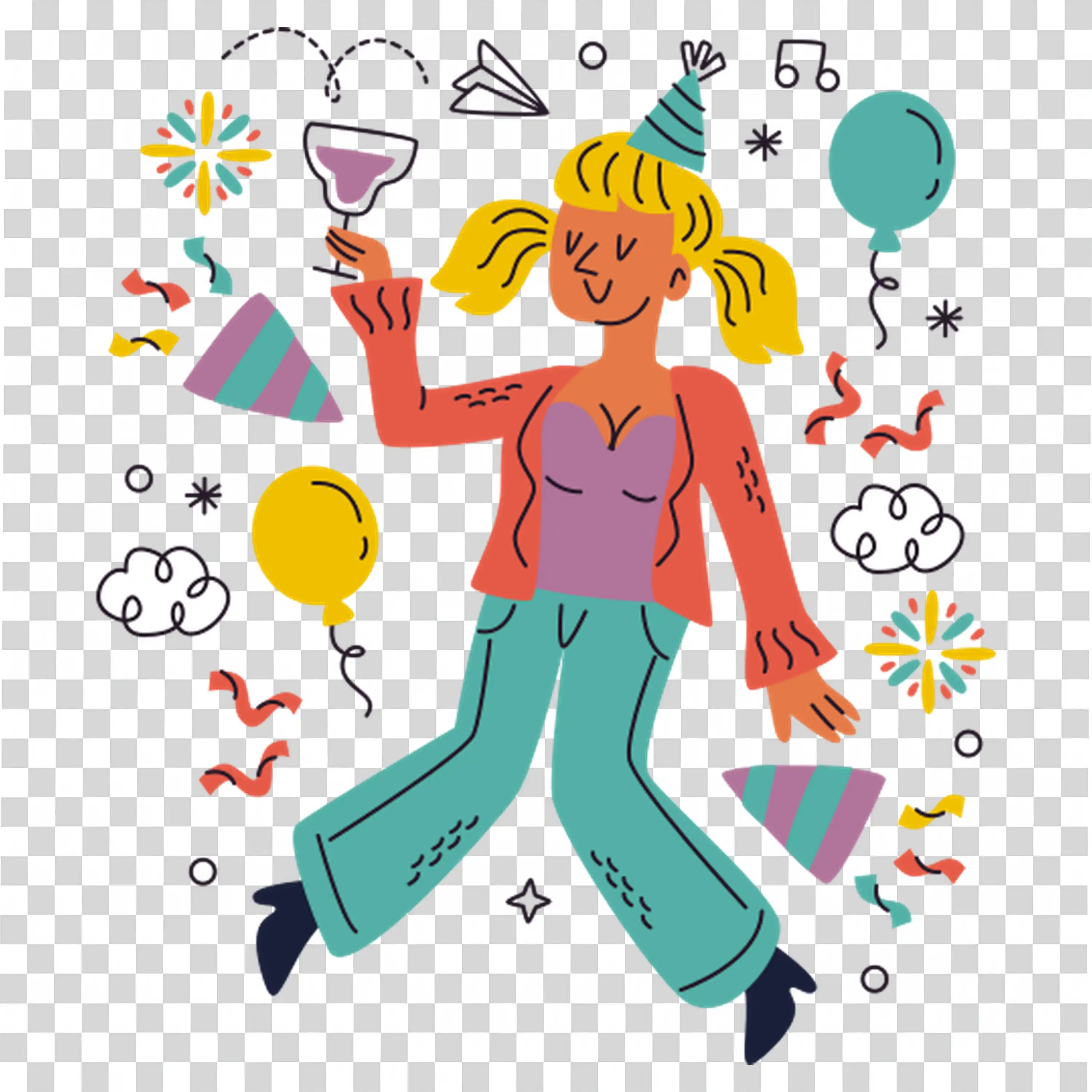 Woman Dancing Joyfully with Confetti and Music free PNG