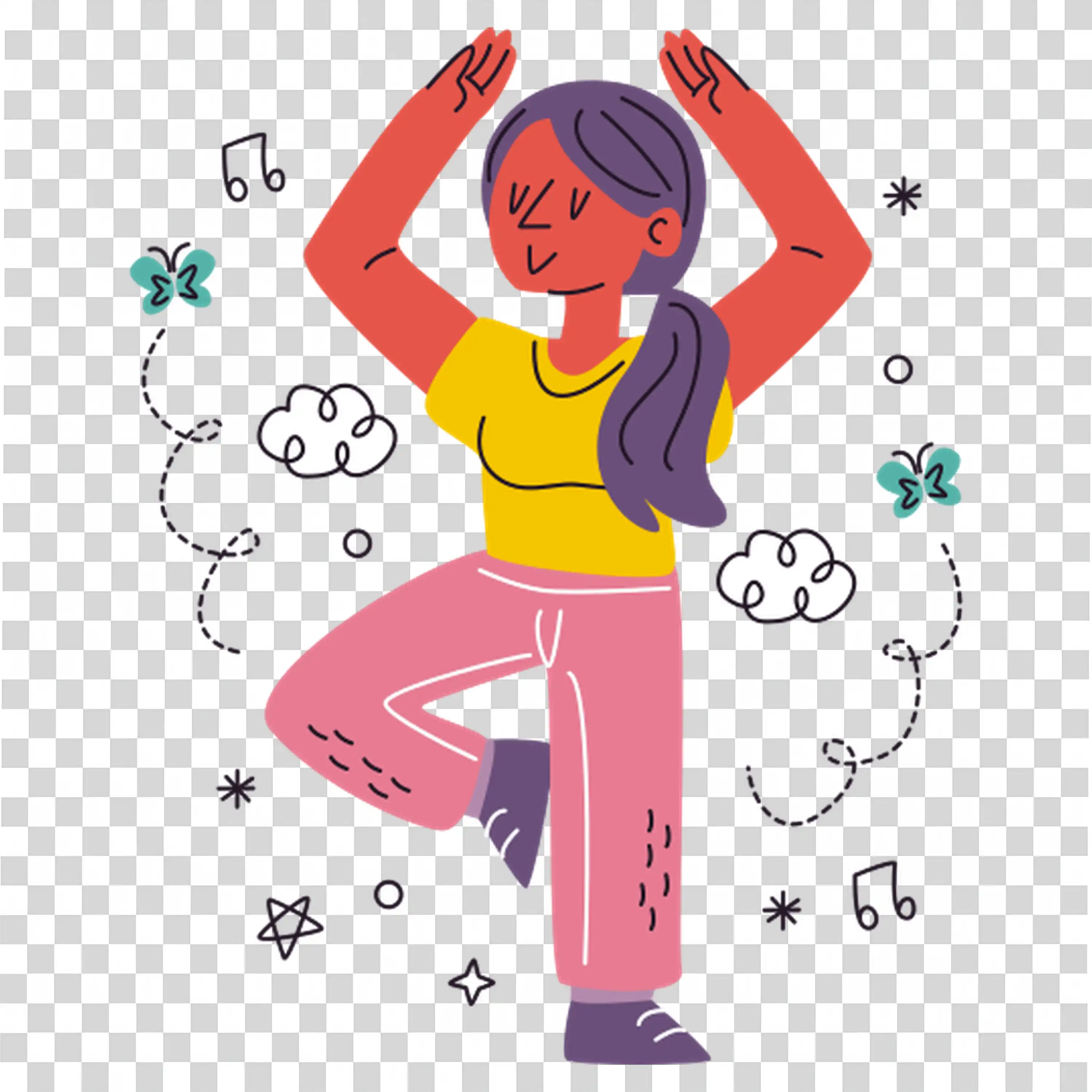 Woman doing yoga pose with hearts and stars around her