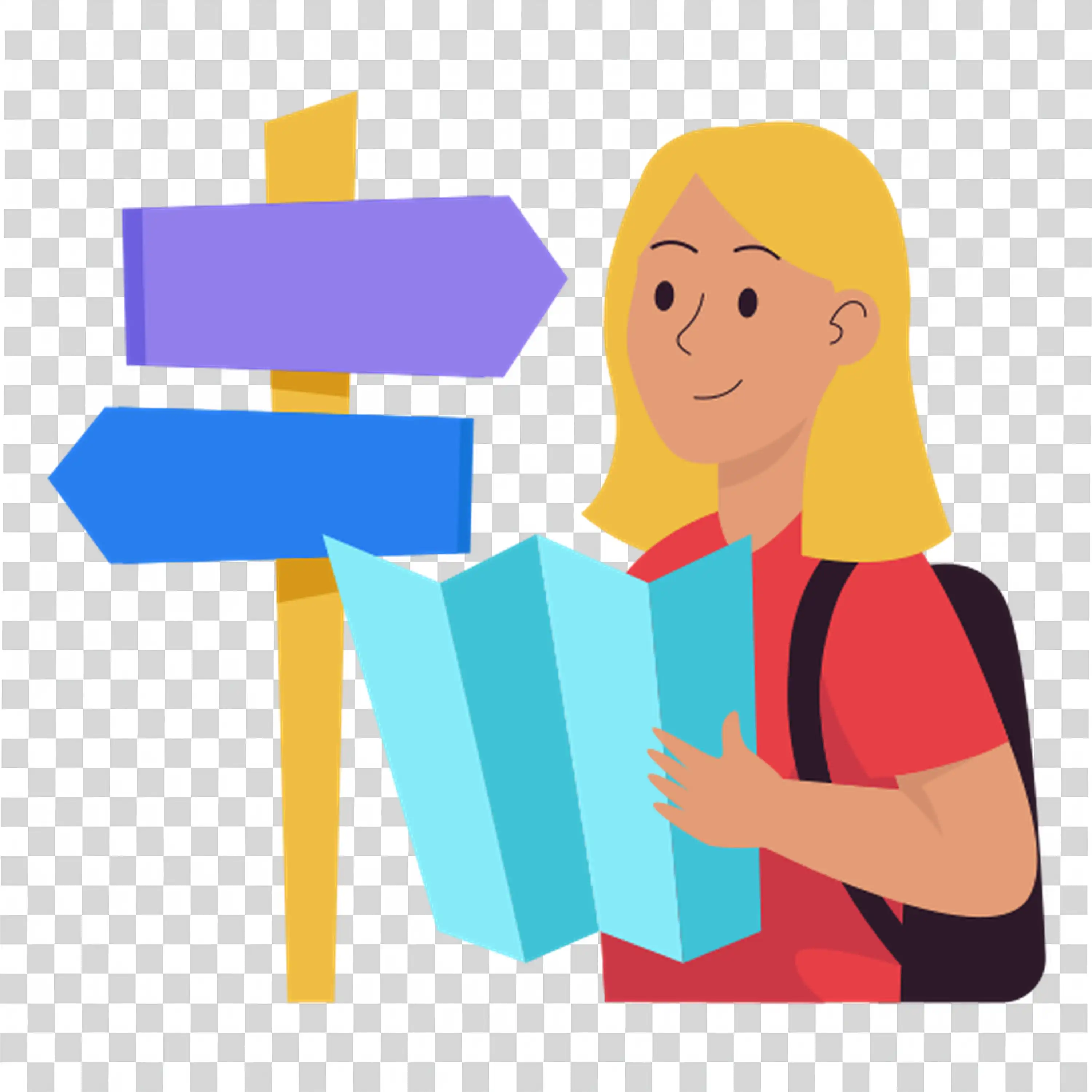 Woman holding map standing near direction signs to travel