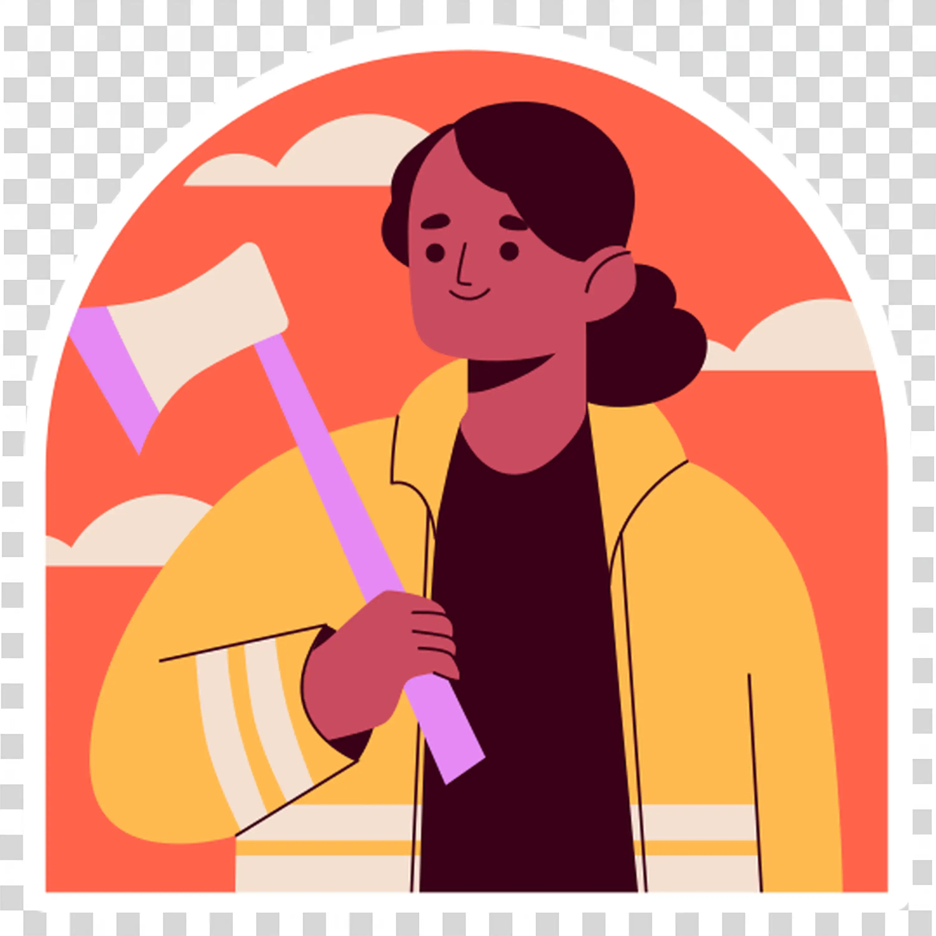 Woman in a jacket holding an umbrella with a dreamy expression