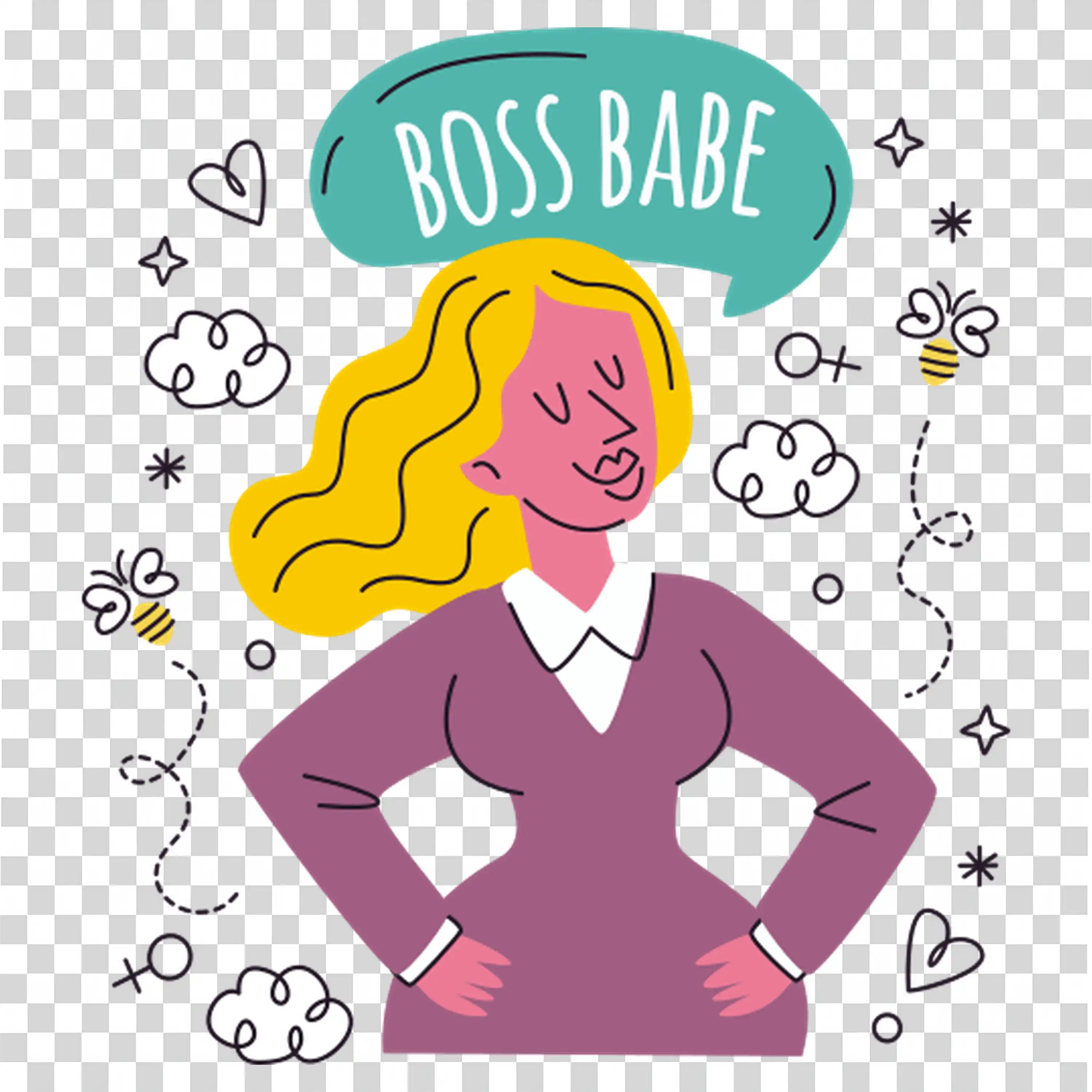 Woman in blazer with text saying boss babe in confident pose