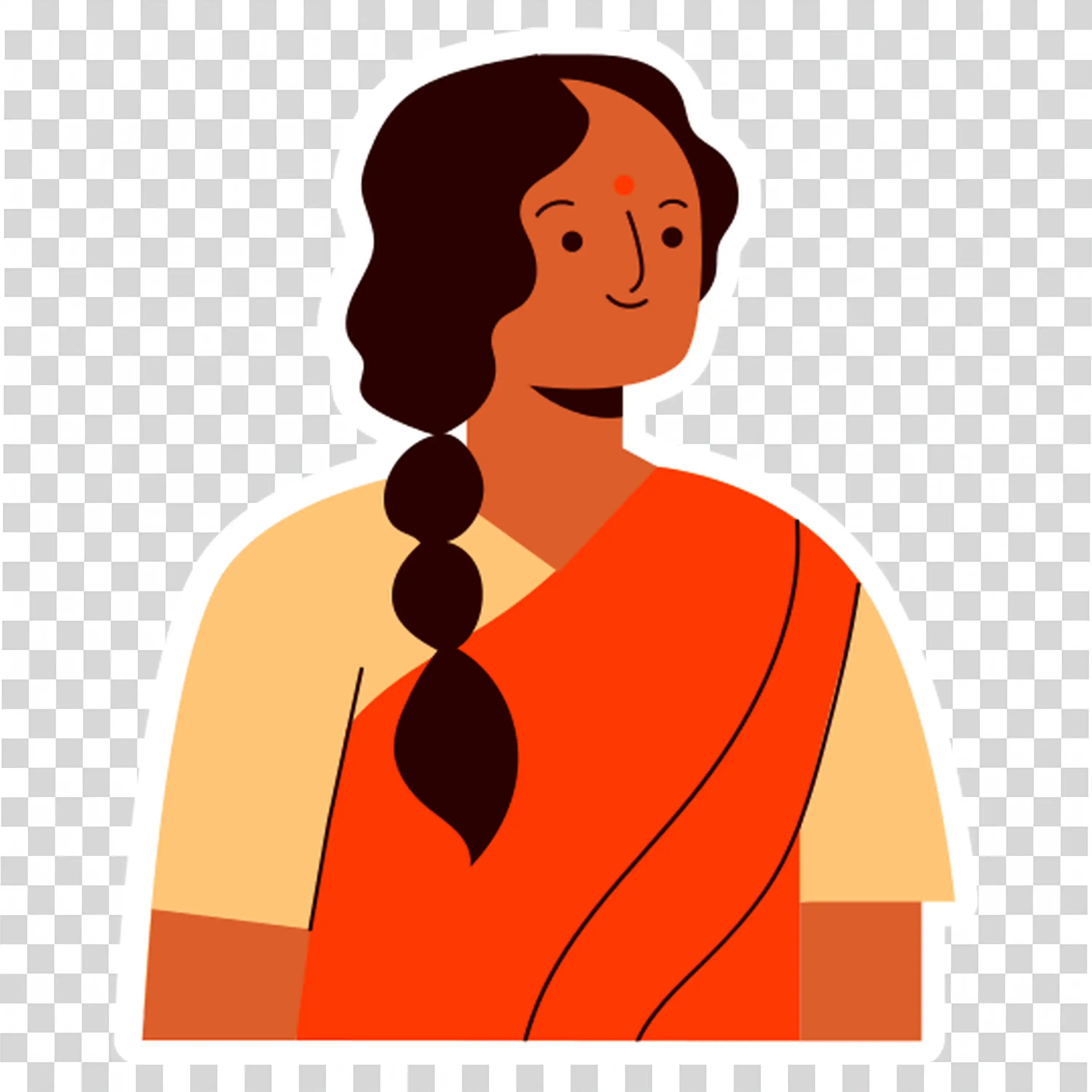 Woman in orange dress with braid and calm thoughtful look
