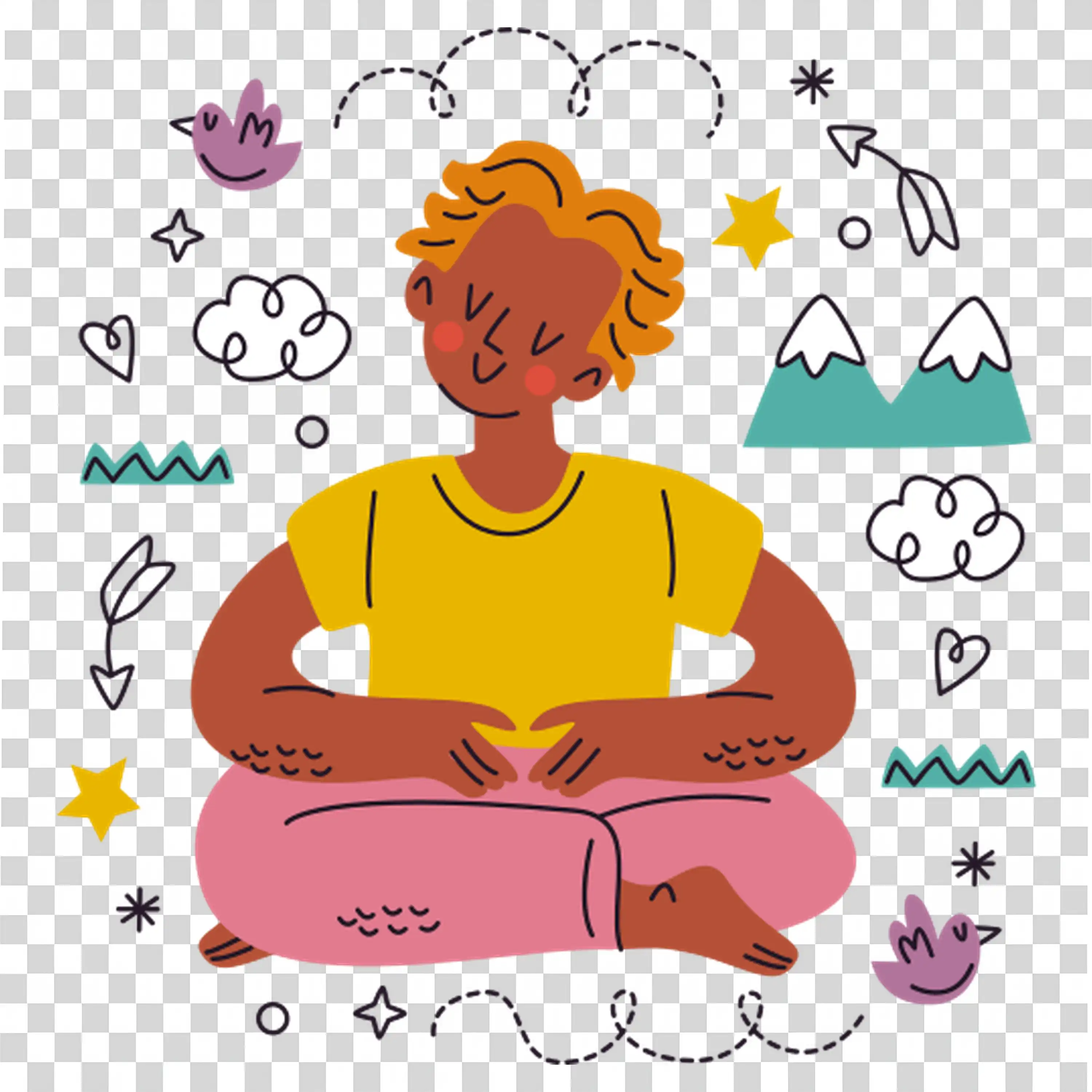 Woman Meditating Calmly Surrounded by Peaceful Symbols