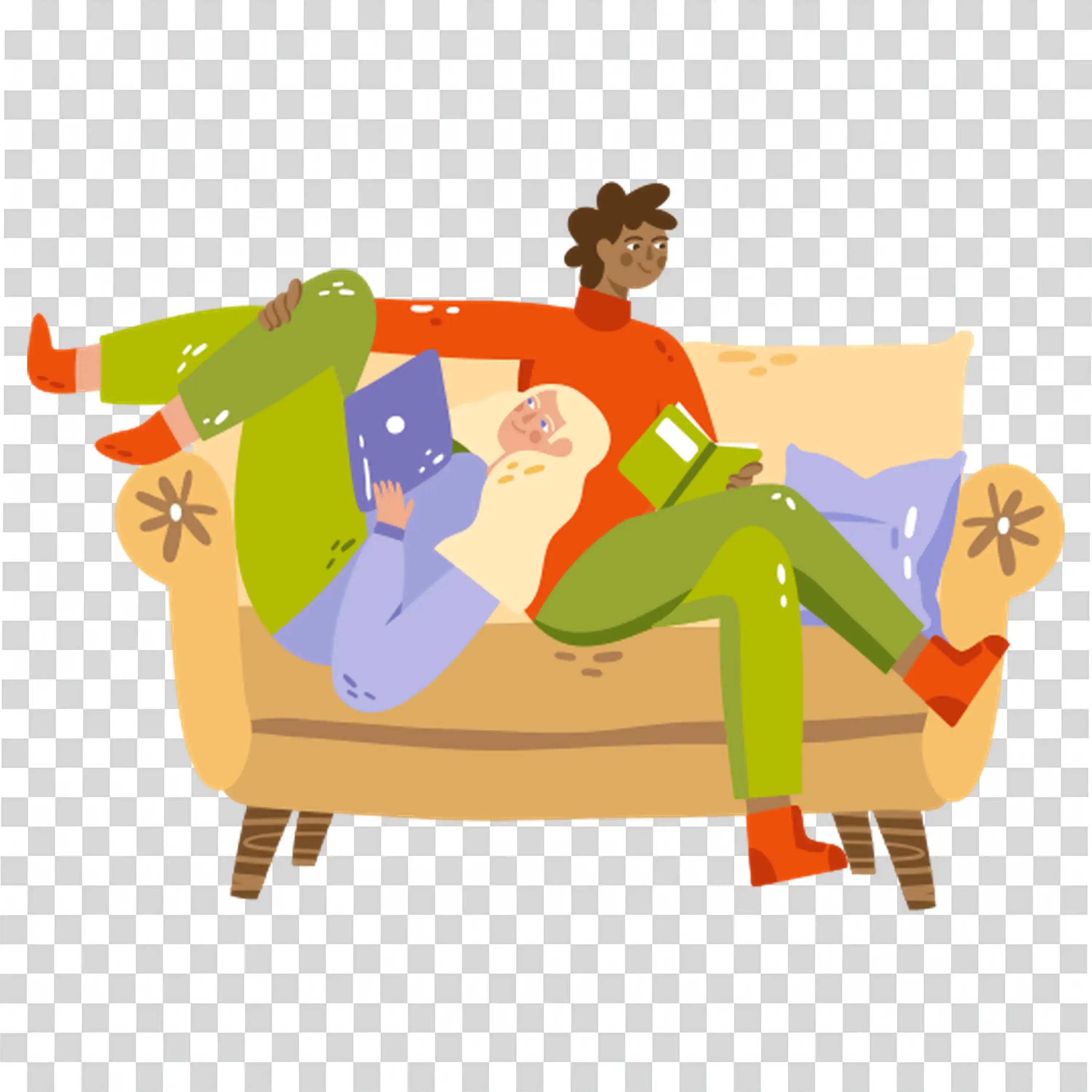 Woman relaxing on couch reading a good book PNG image