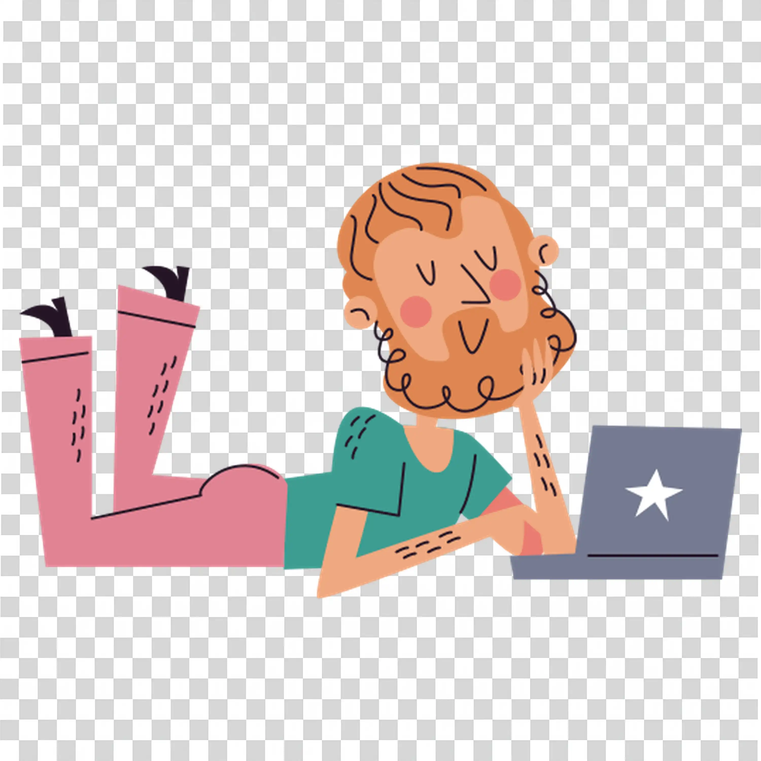 Woman relaxing on floor using a laptop device free PNG