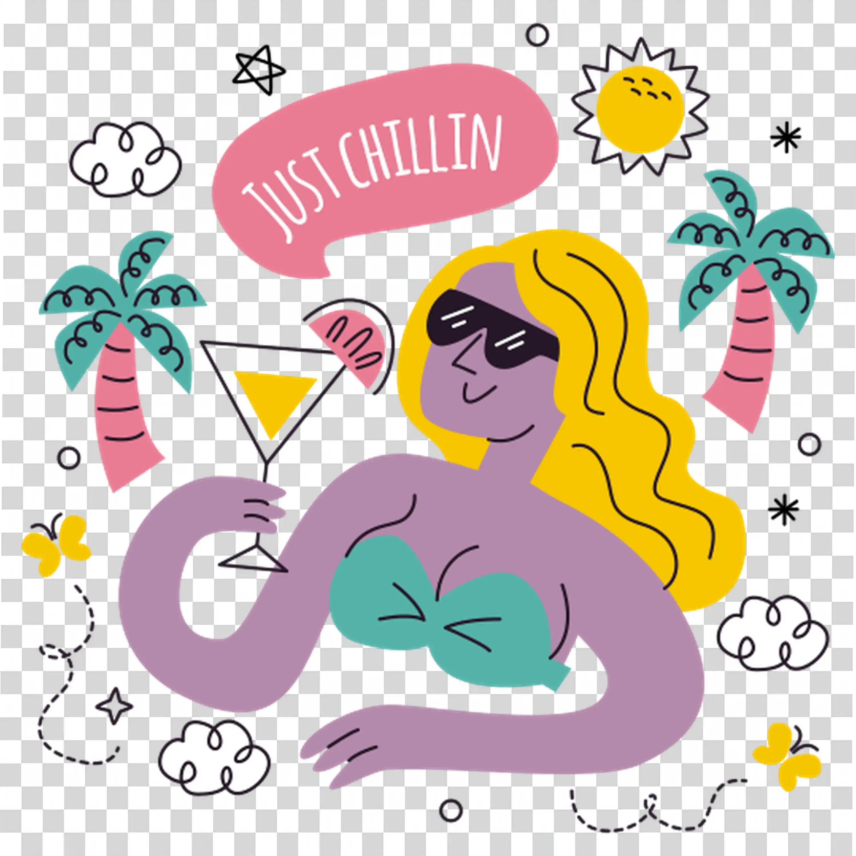 Woman relaxing on the beach with tropical vibes free PNG