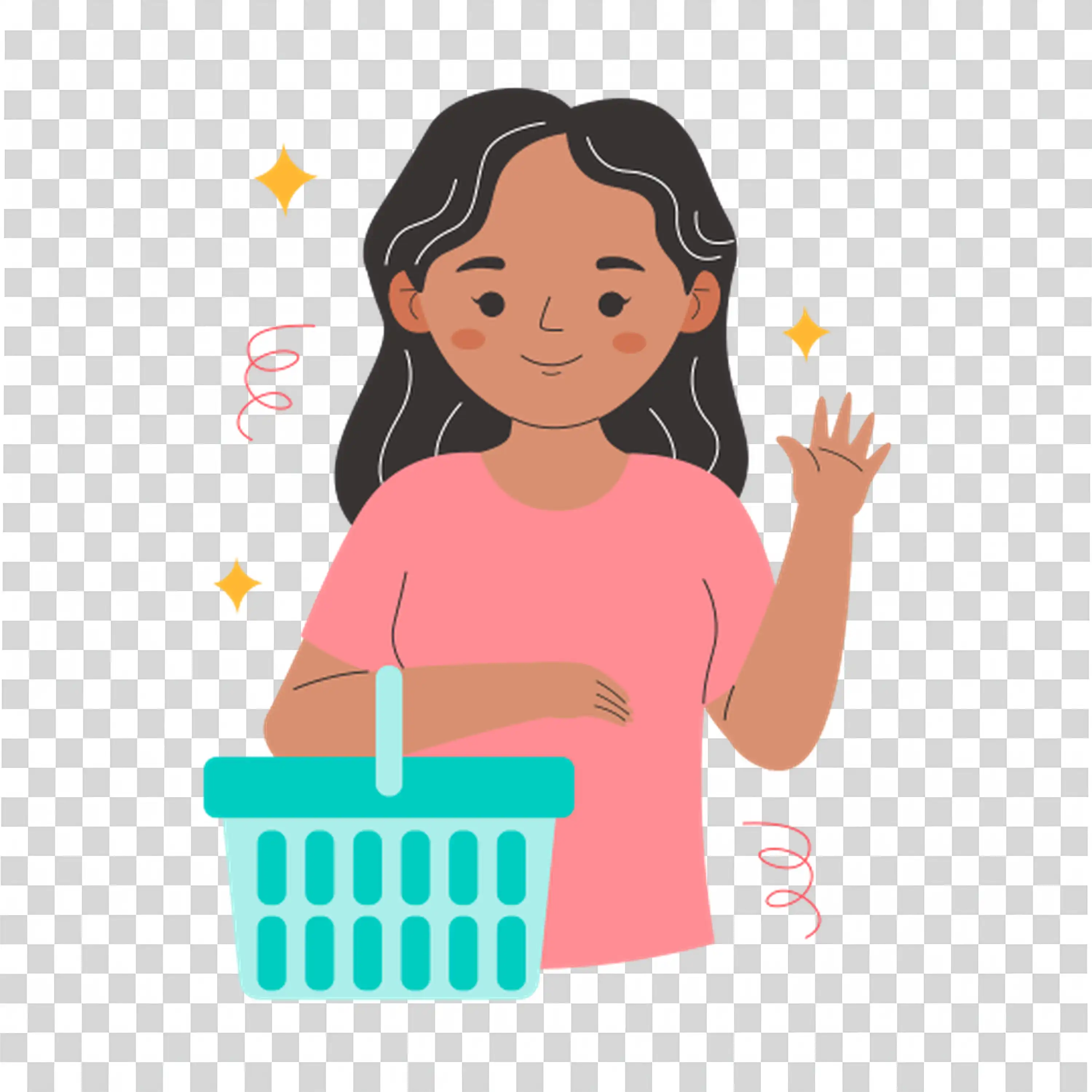 Woman shopping groceries and carrying a basket free PNG