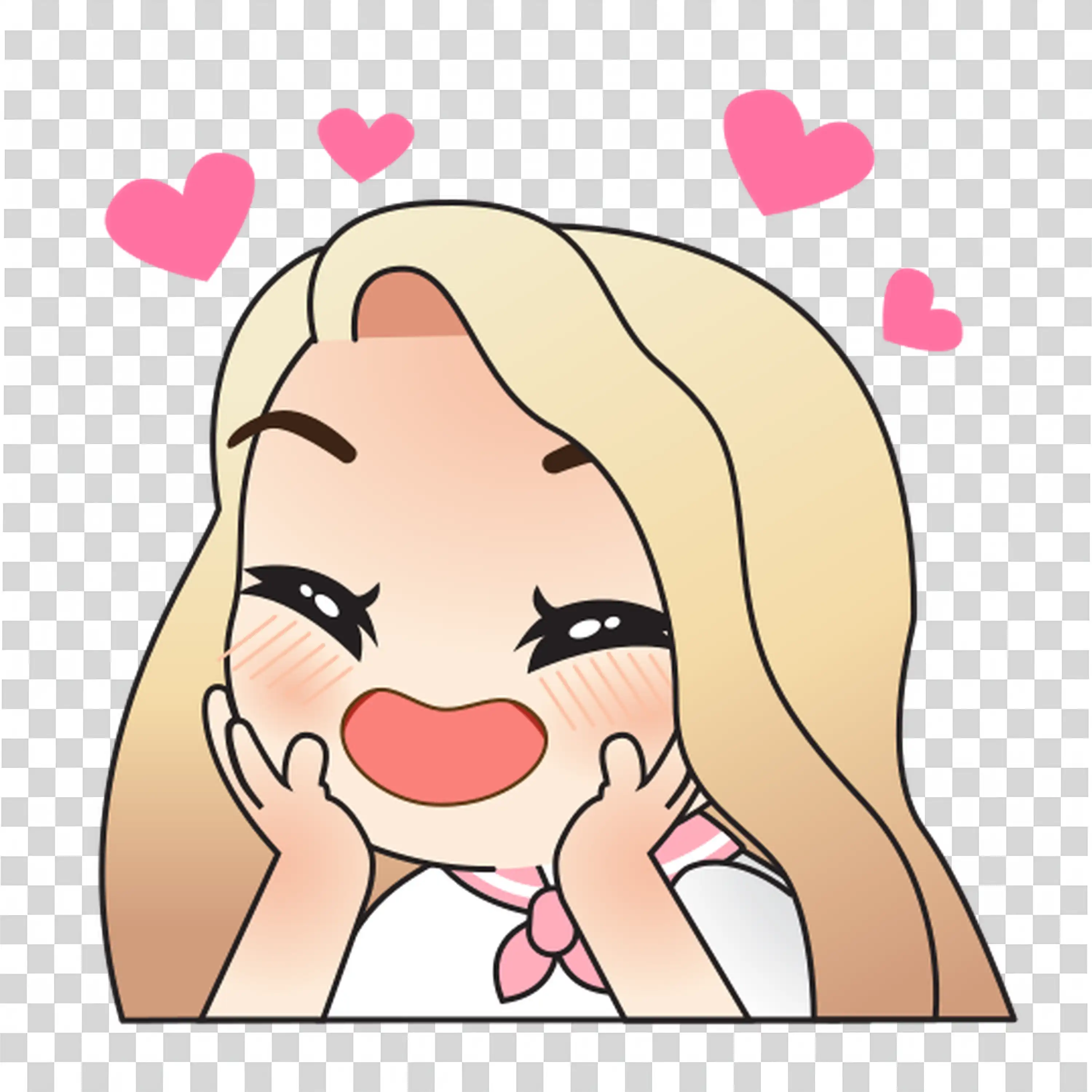 Woman smiling brightly with long blonde hair and blush