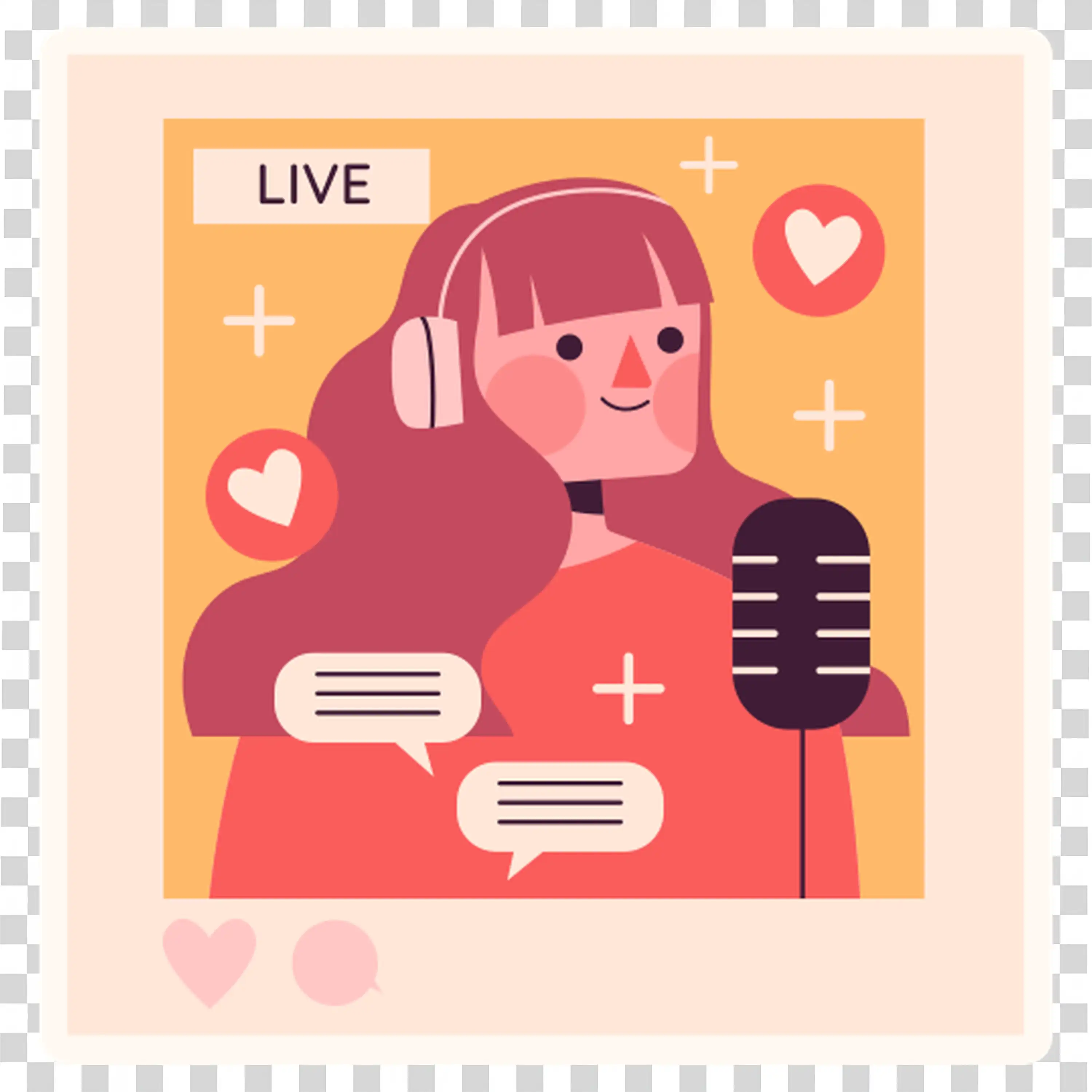 Woman speaking in a live podcast with mic and chat icons