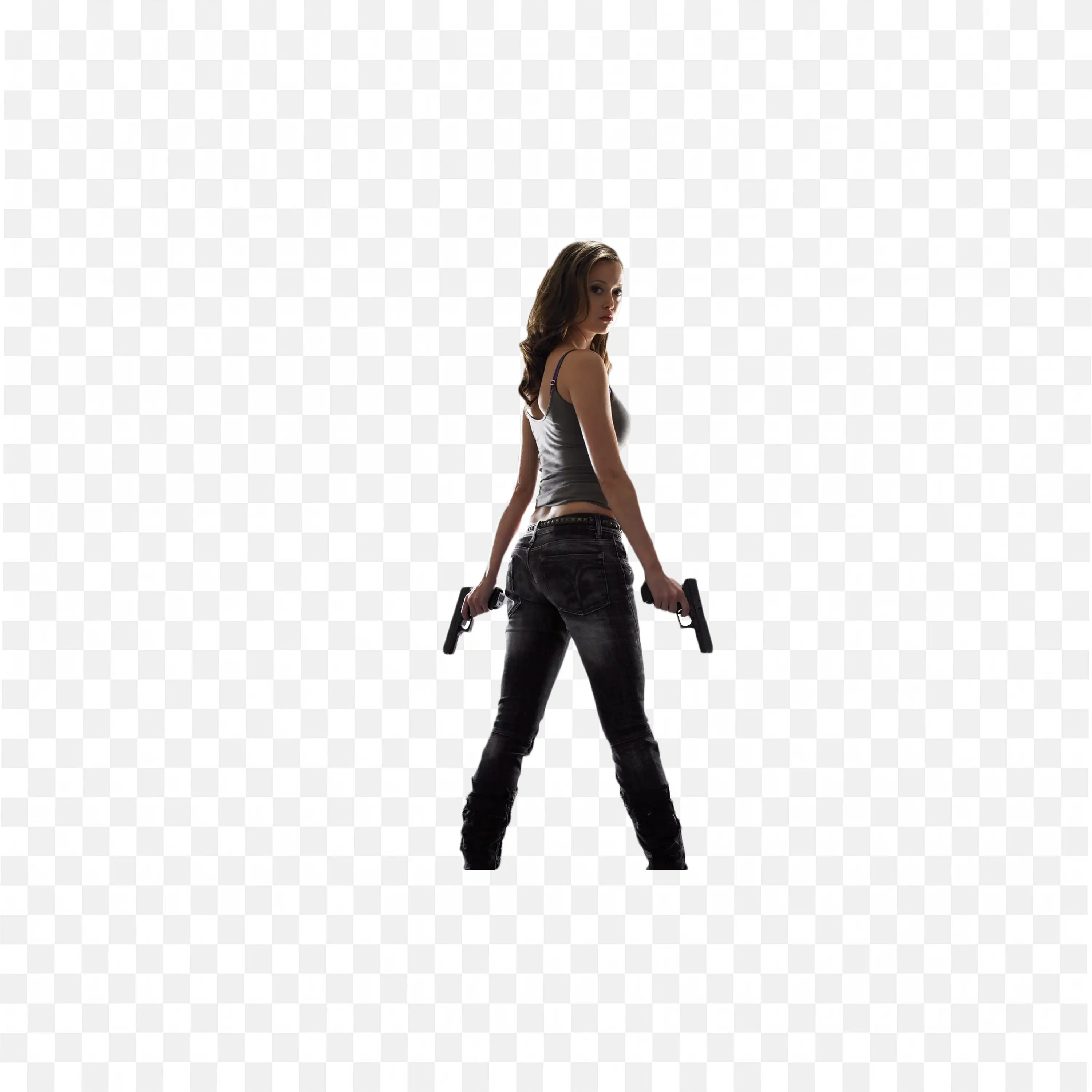 Woman Standing By Holding Guns in Both Hands Clip Art PNG