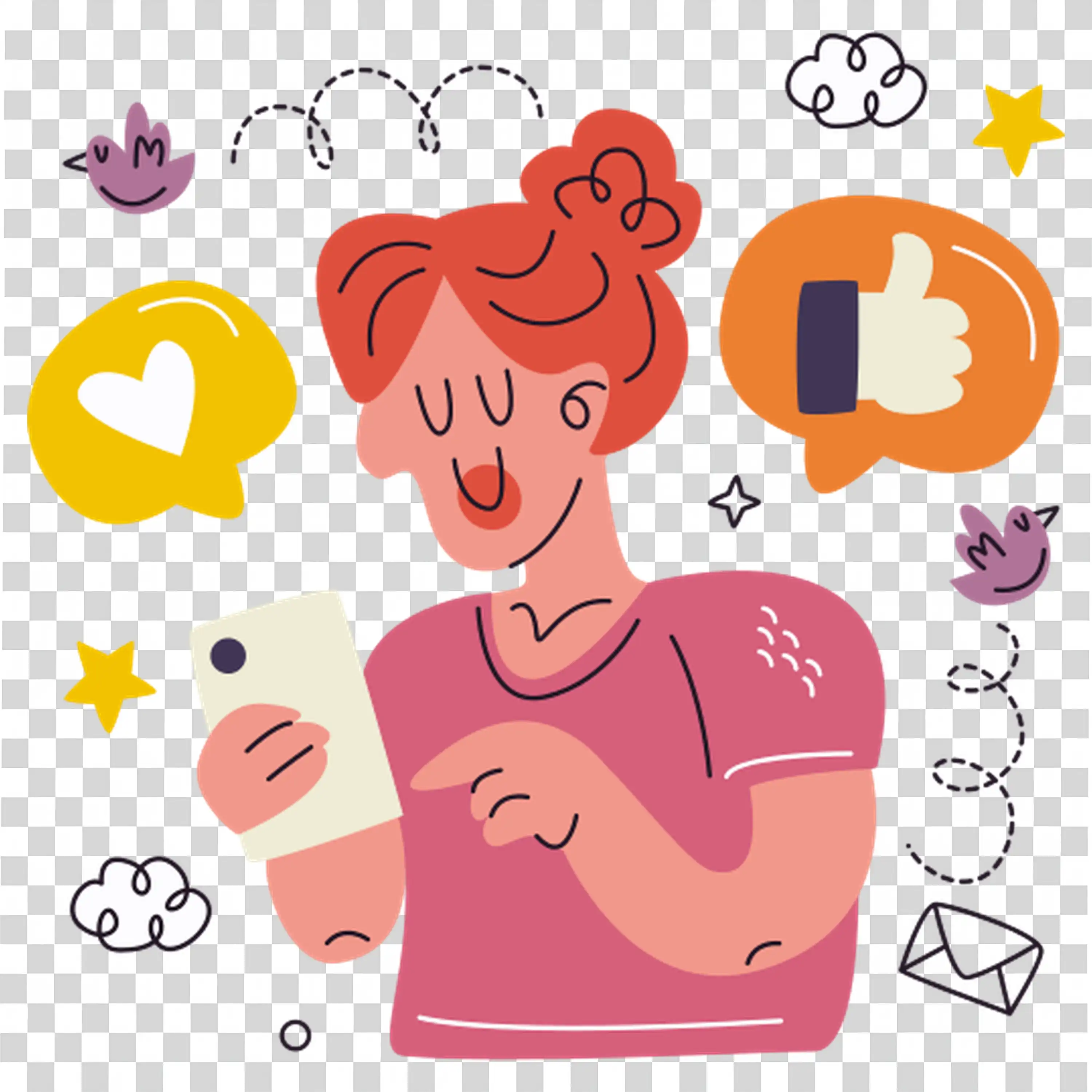 Woman Thinking Deeply with Thought Bubbles Around PNG