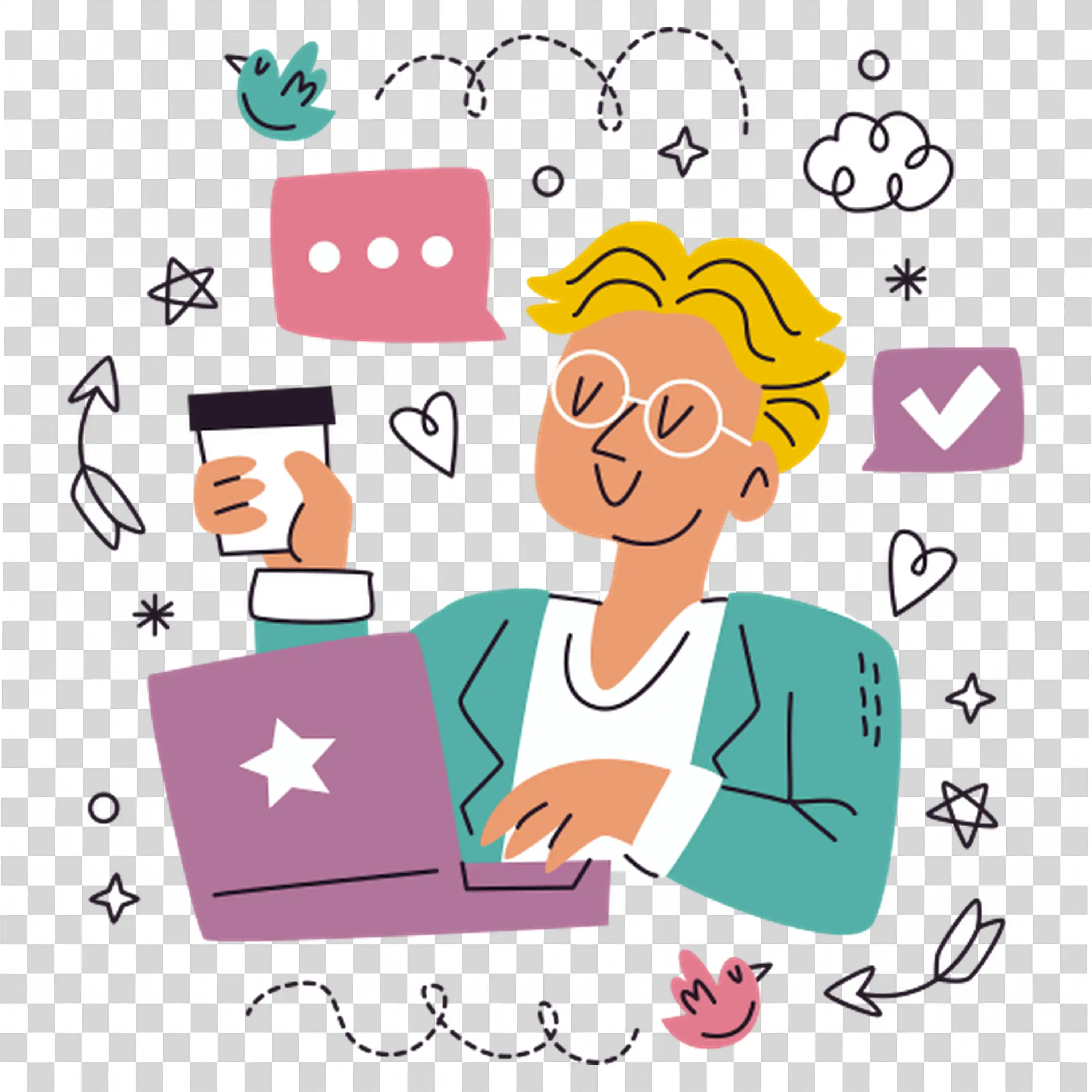 Woman using laptop surrounded by tech and heart icons