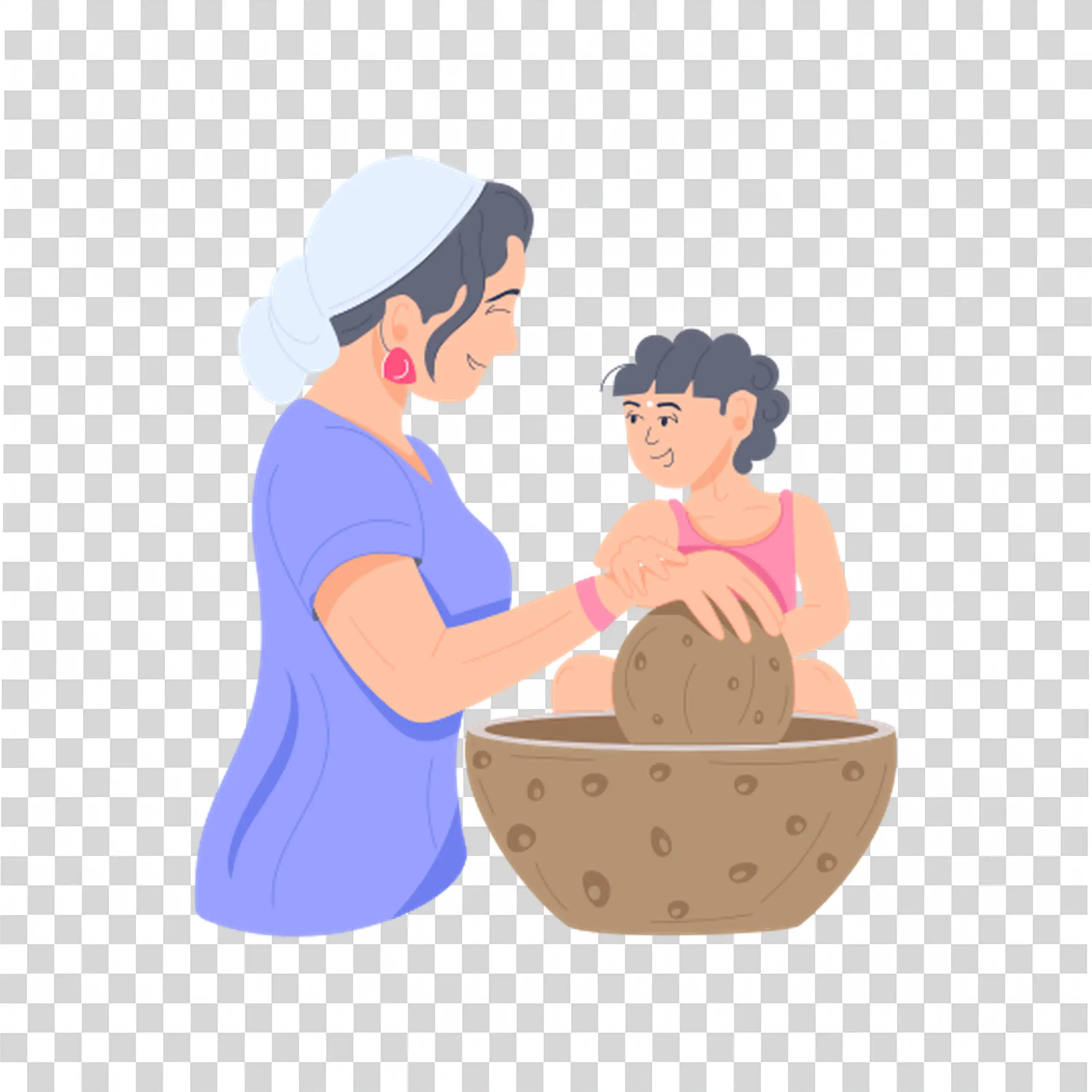 Woman washing baby in a large brown basket free PNG
