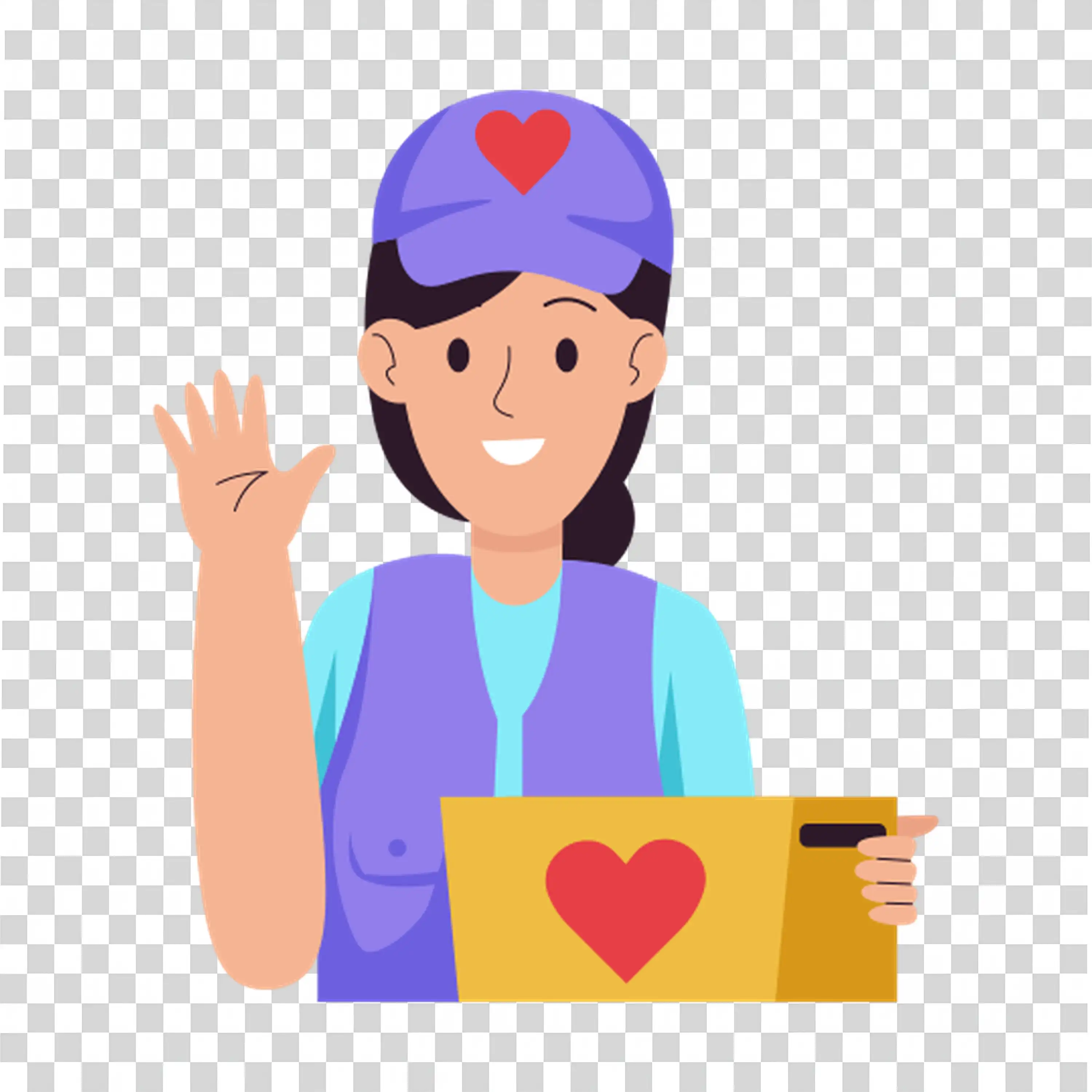 Woman waving hand while holding a box with heart icon