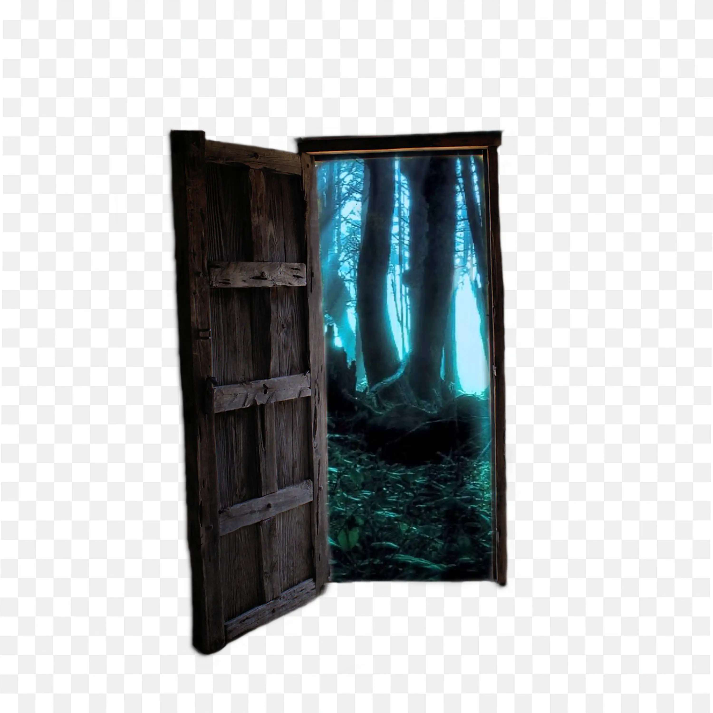 Wooden Door Opened with Glowing Blue Magical Forest Scene